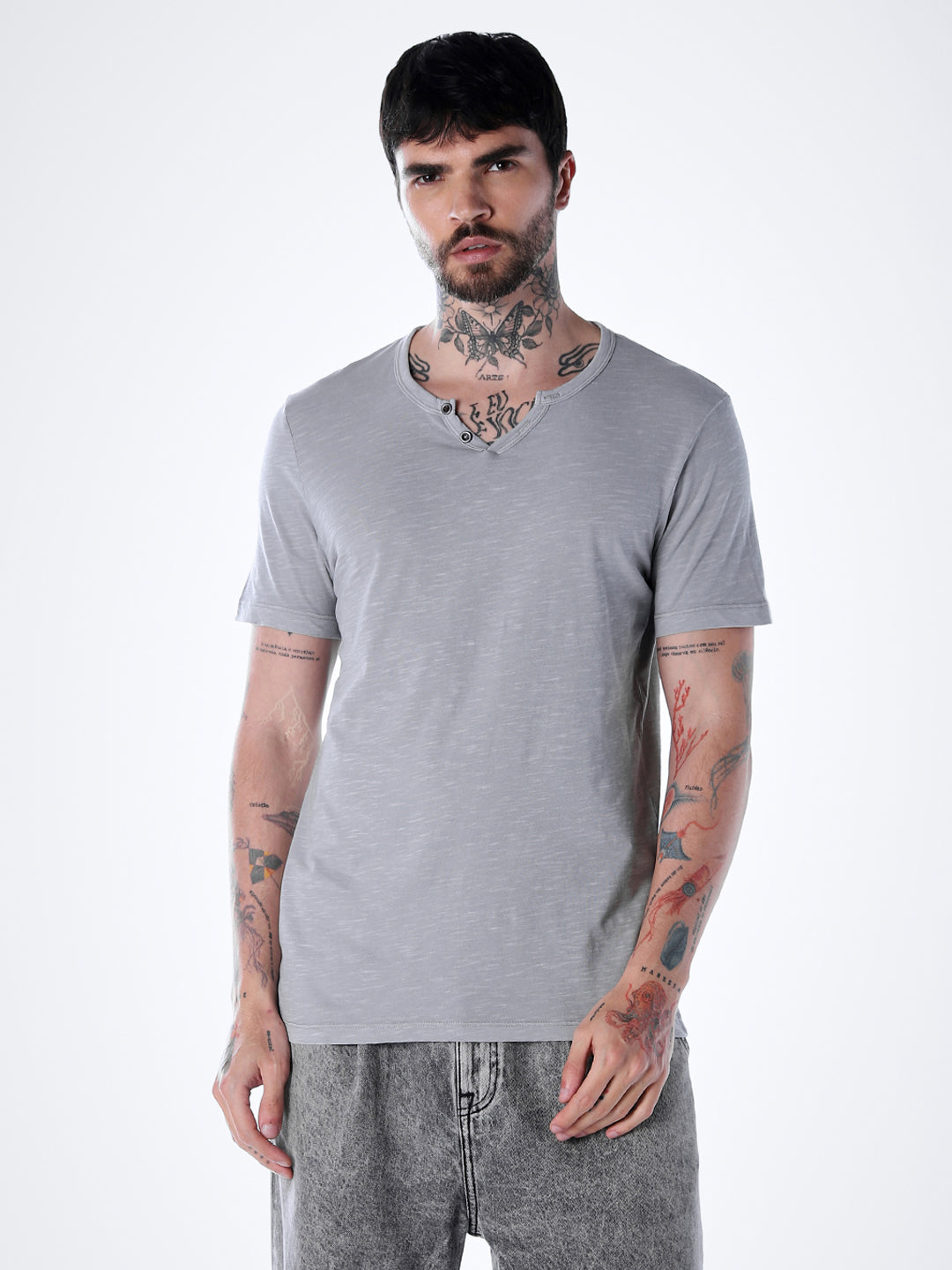 Split Neck Cotton T-shirt - Grey