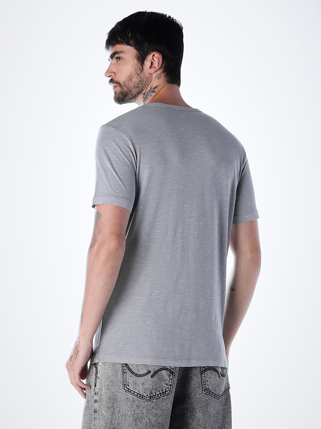 Split Neck Cotton T-shirt - Grey