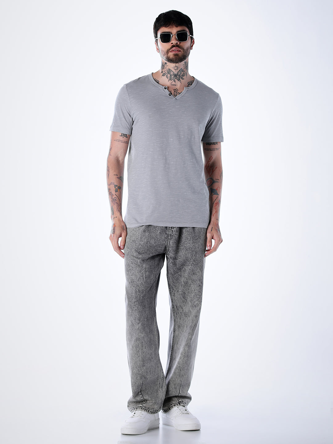 Split Neck Cotton T-shirt - Grey