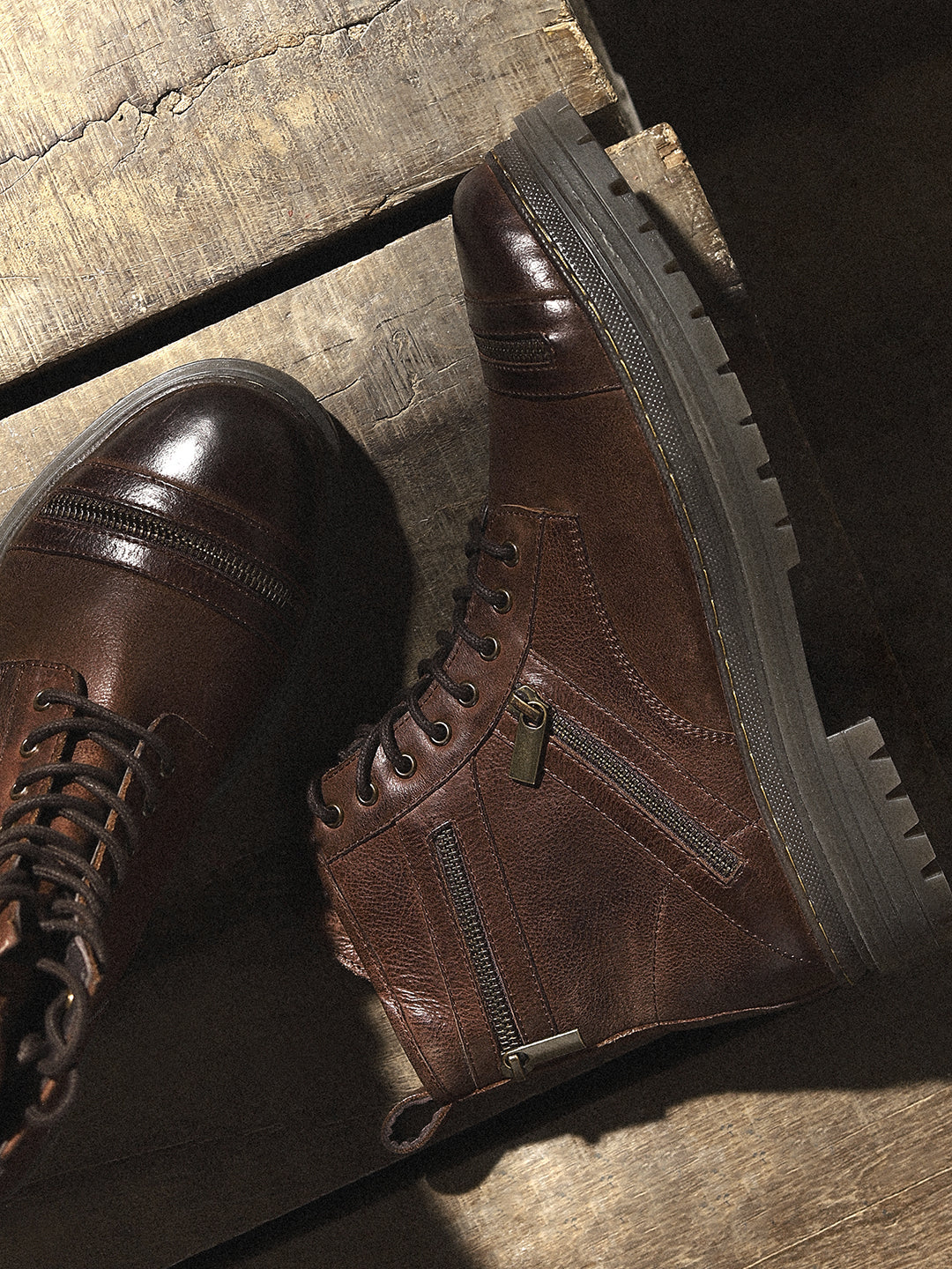 Dark Brown Zipper Leather Boots