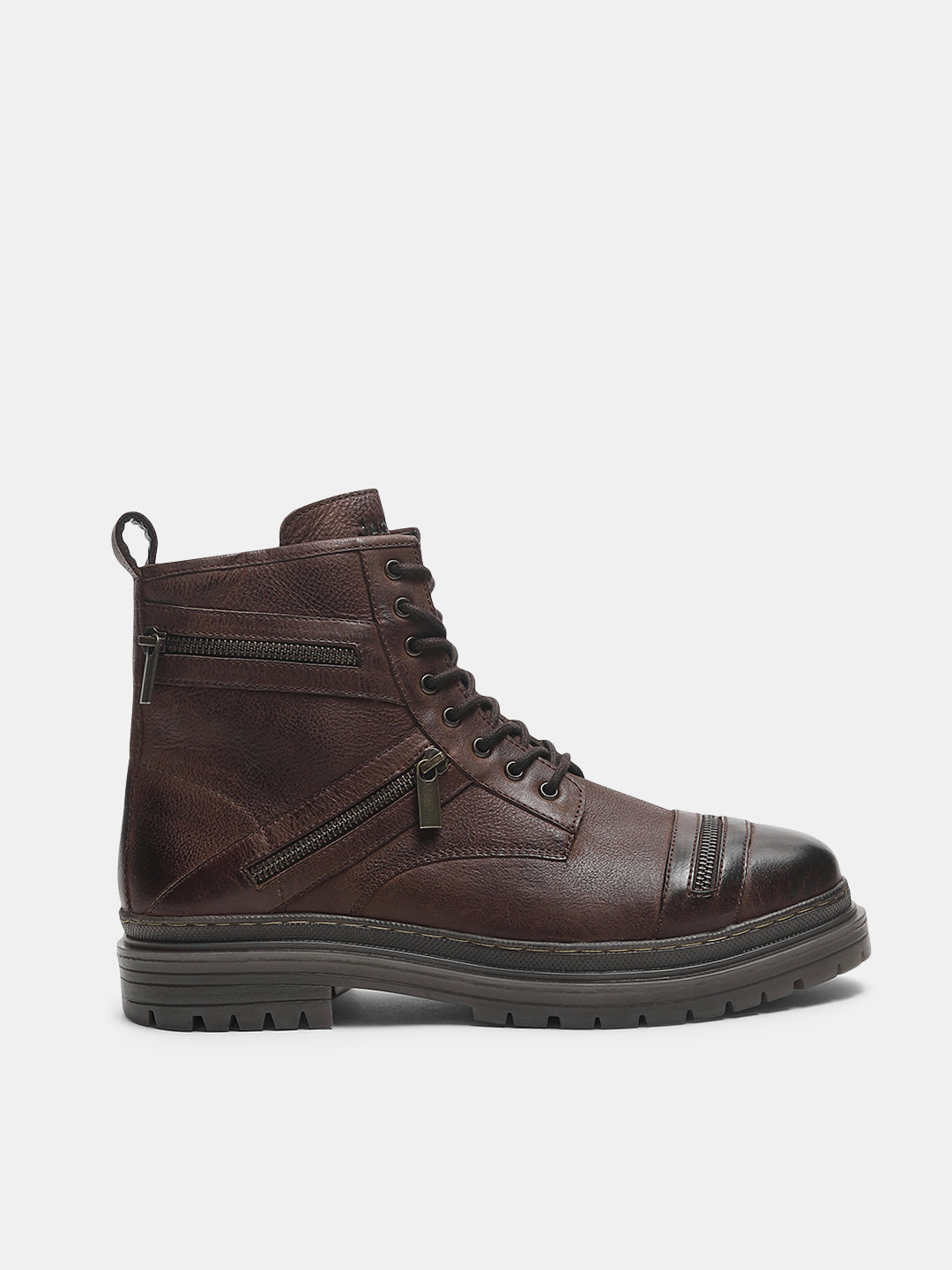 Dark Brown Zipper Leather Boots