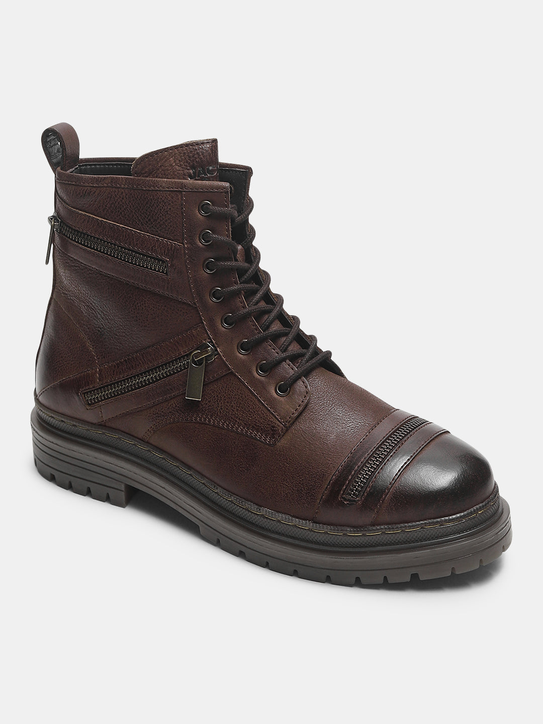 Dark Brown Zipper Leather Boots
