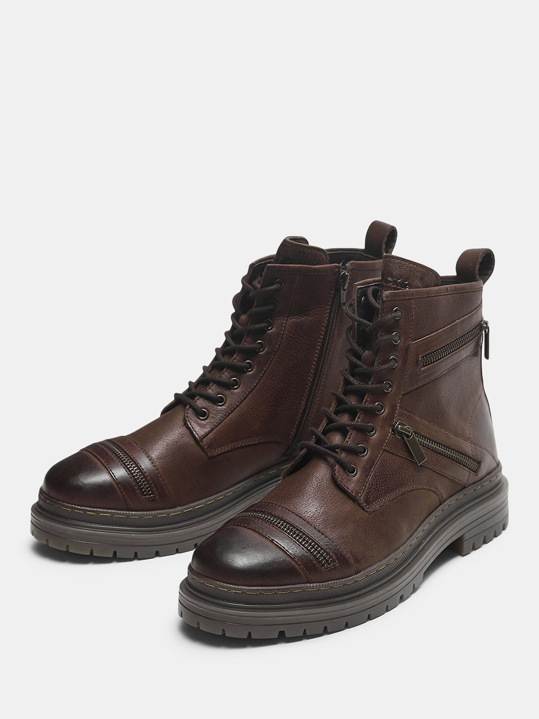 Dark Brown Zipper Leather Boots