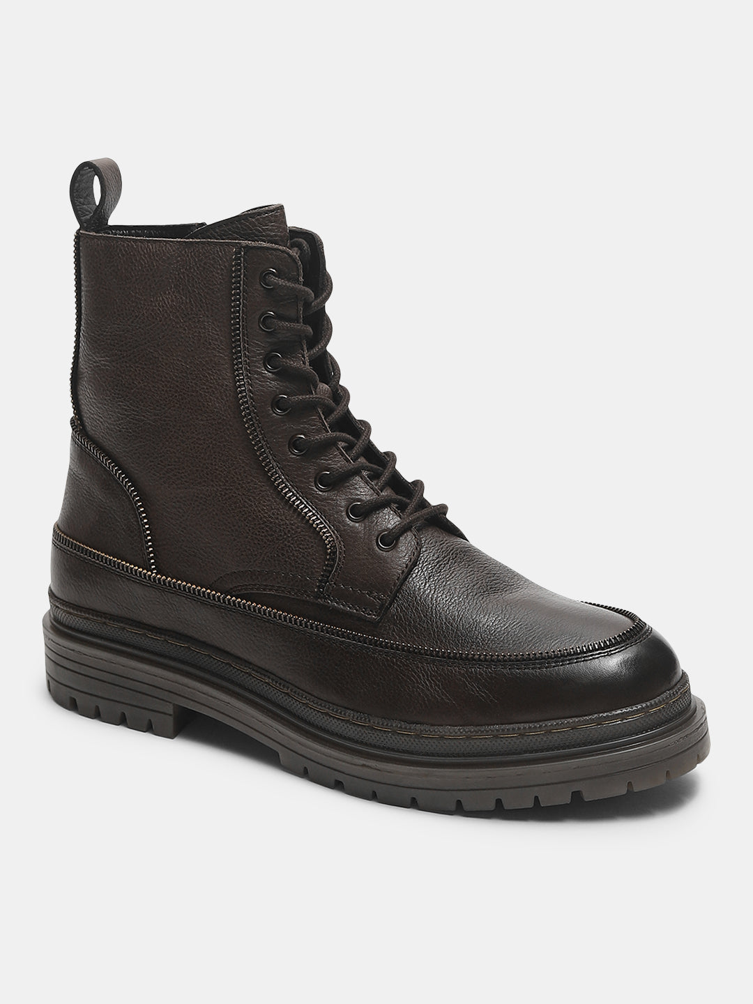 Dark Brown Zip Detail Leather Boots