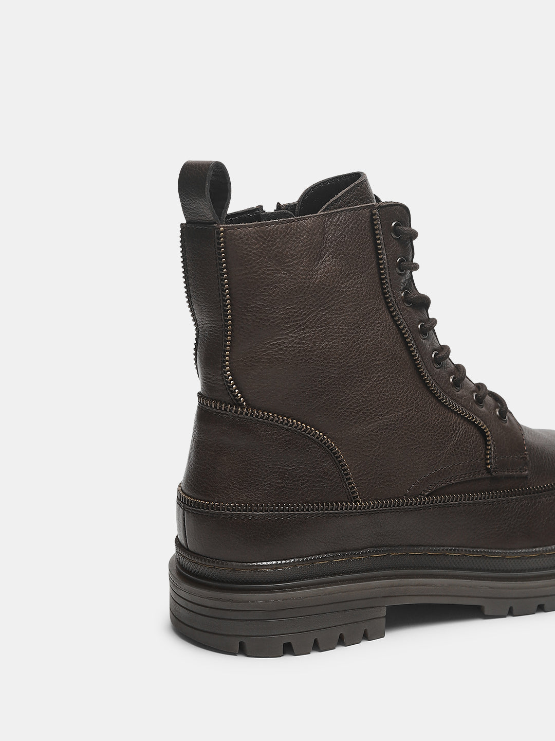 Dark Brown Zip Detail Leather Boots