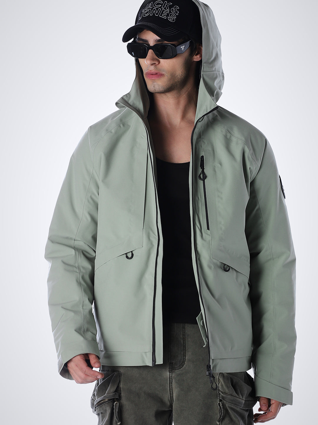 Sage Green High Neck Hooded Jacket