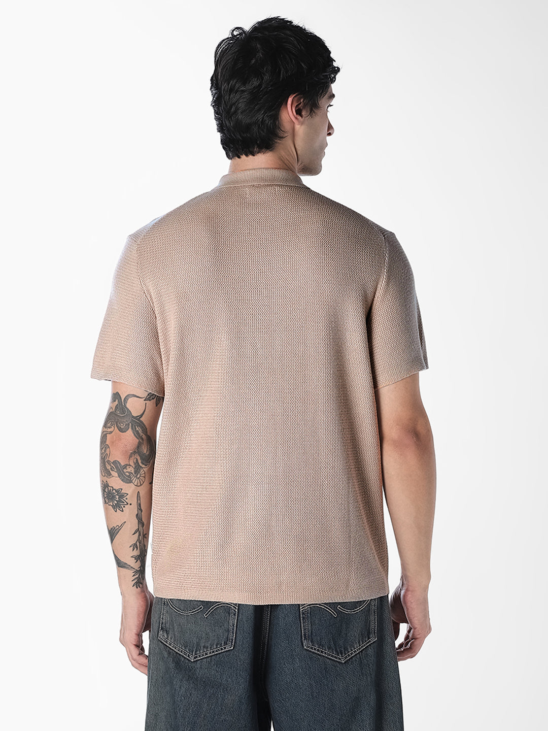 Beige Short Sleeved Textured Knit Polo
