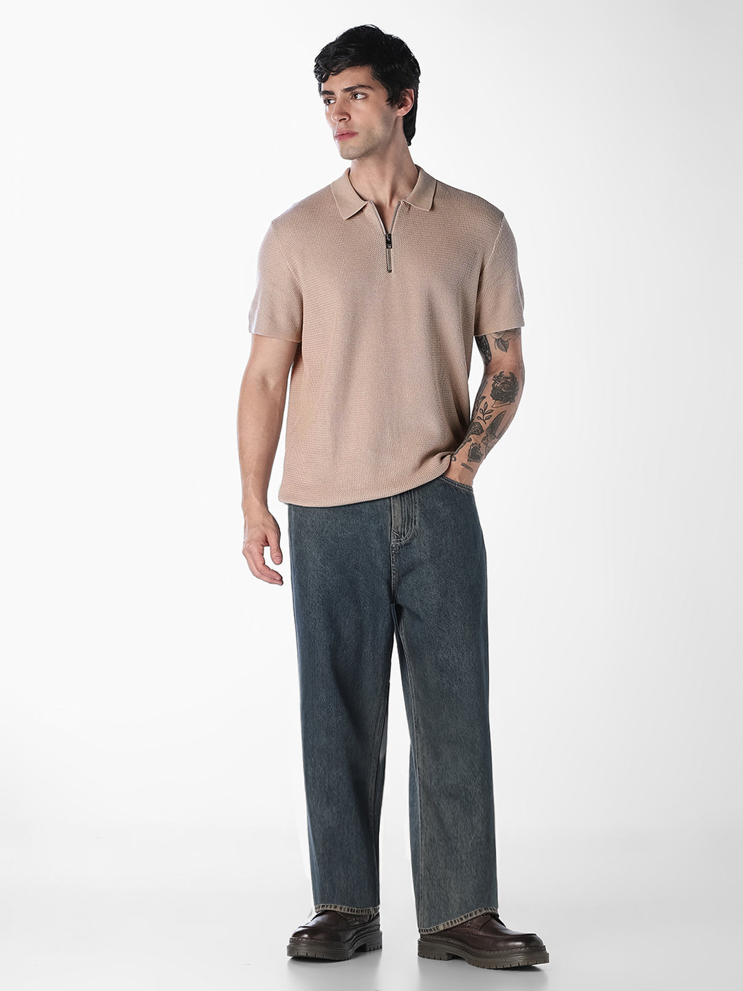 Beige Short Sleeved Textured Knit Polo