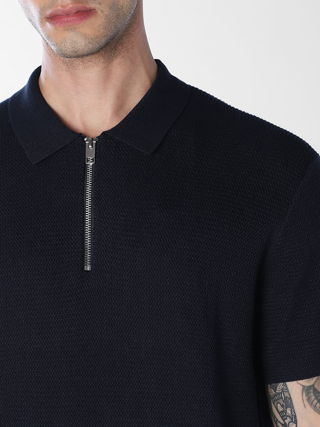 Navy Blue Short Sleeved Textured Knit Polo