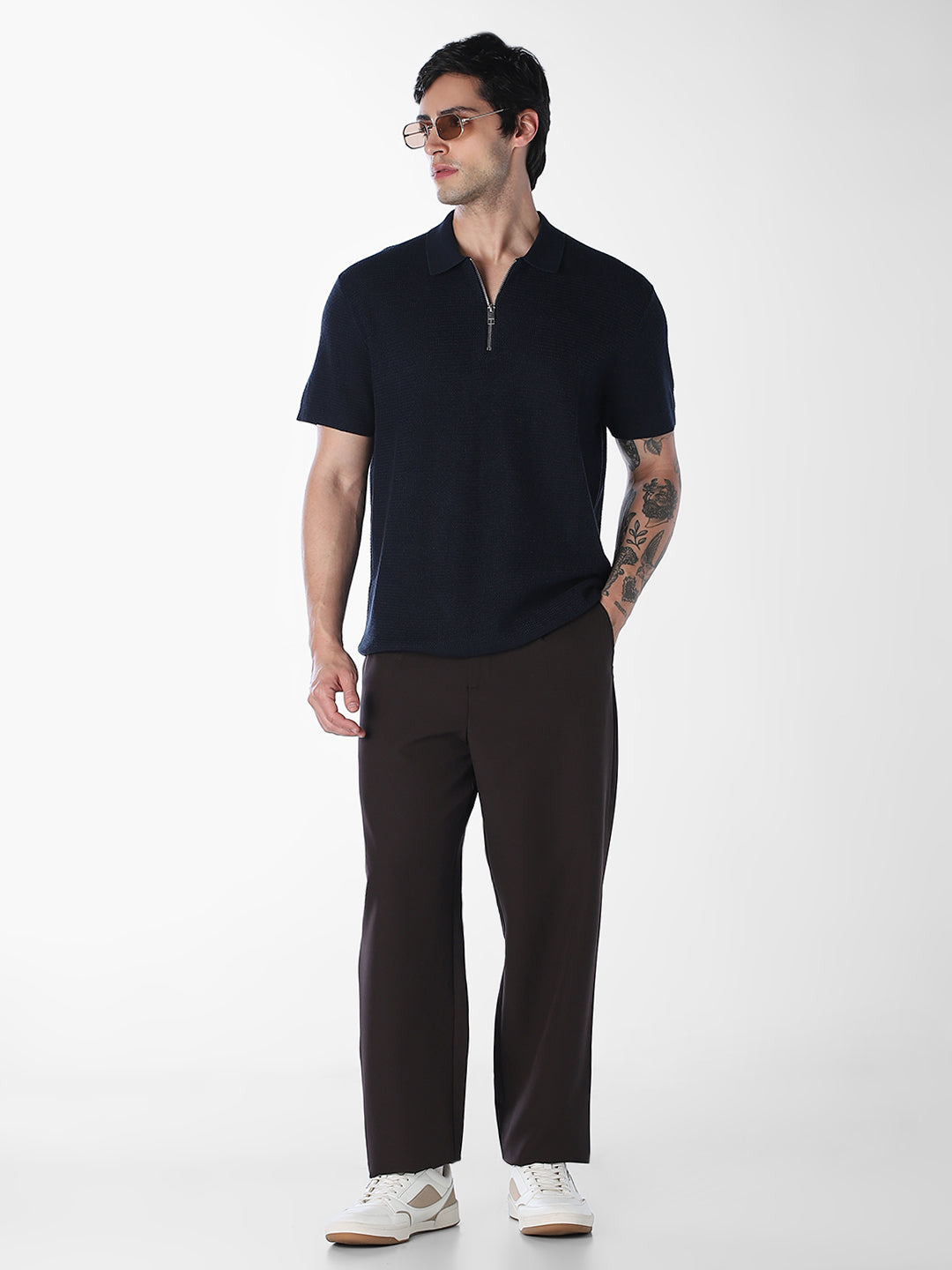 Navy Blue Short Sleeved Textured Knit Polo