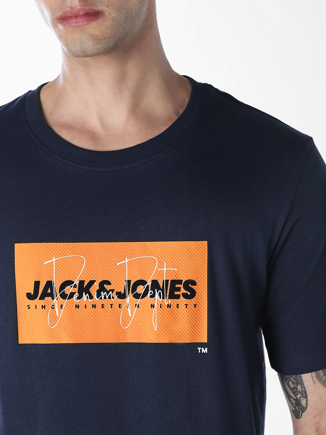 Navy Blue Logo Print Cotton T-shirt
