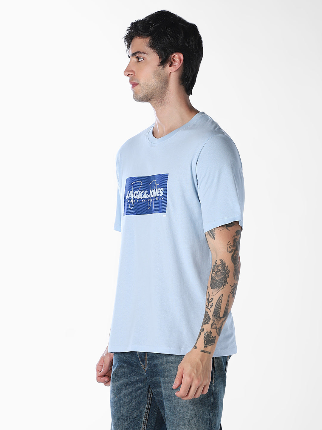 Light Blue Logo Print Cotton T-shirt