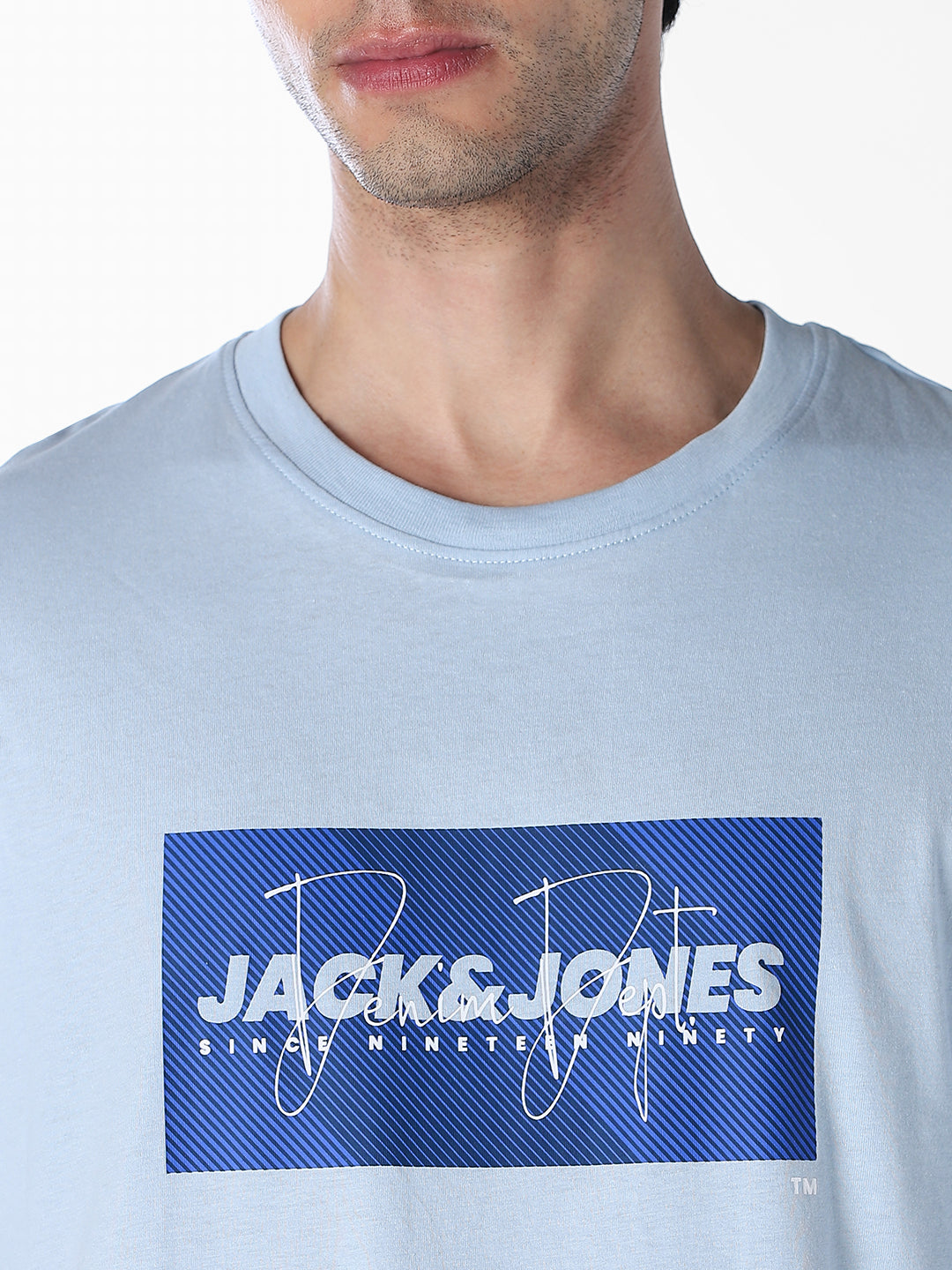 Light Blue Logo Print Cotton T-shirt