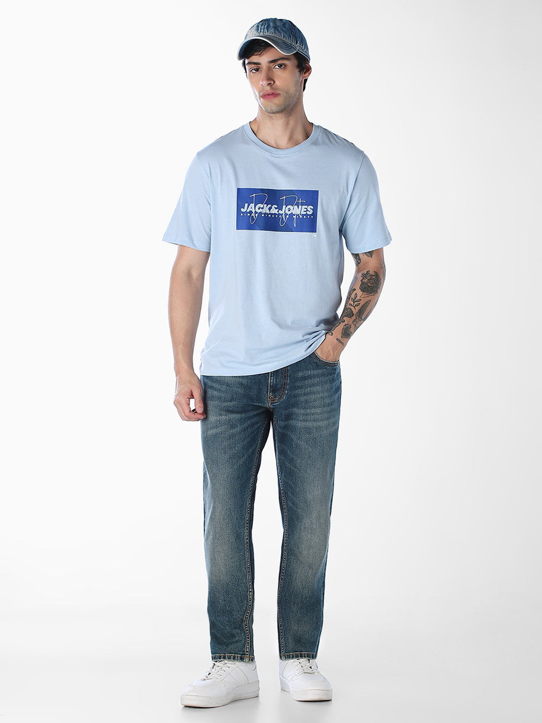 Light Blue Logo Print Cotton T-shirt