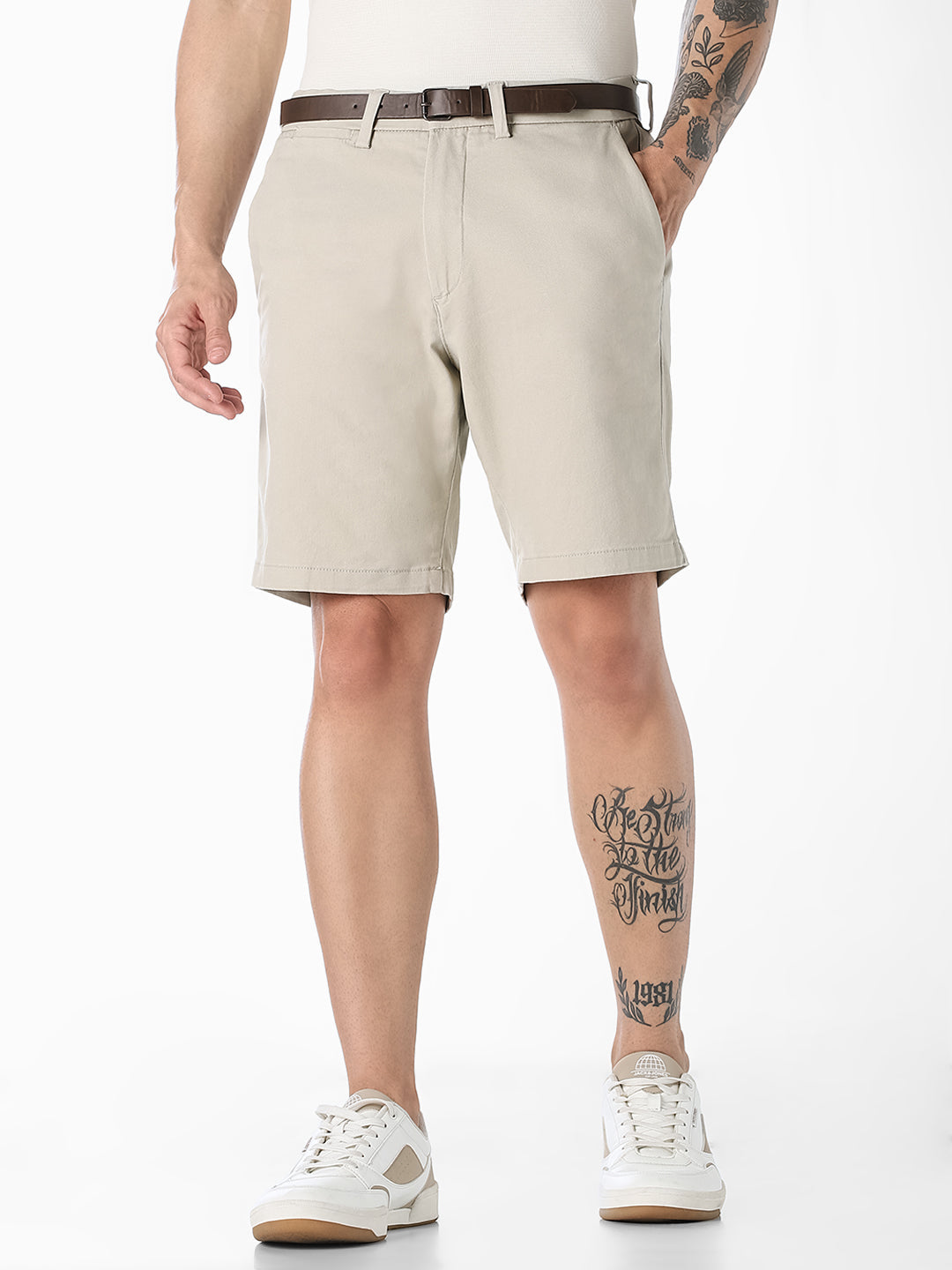 Beige Belted Chino Shorts