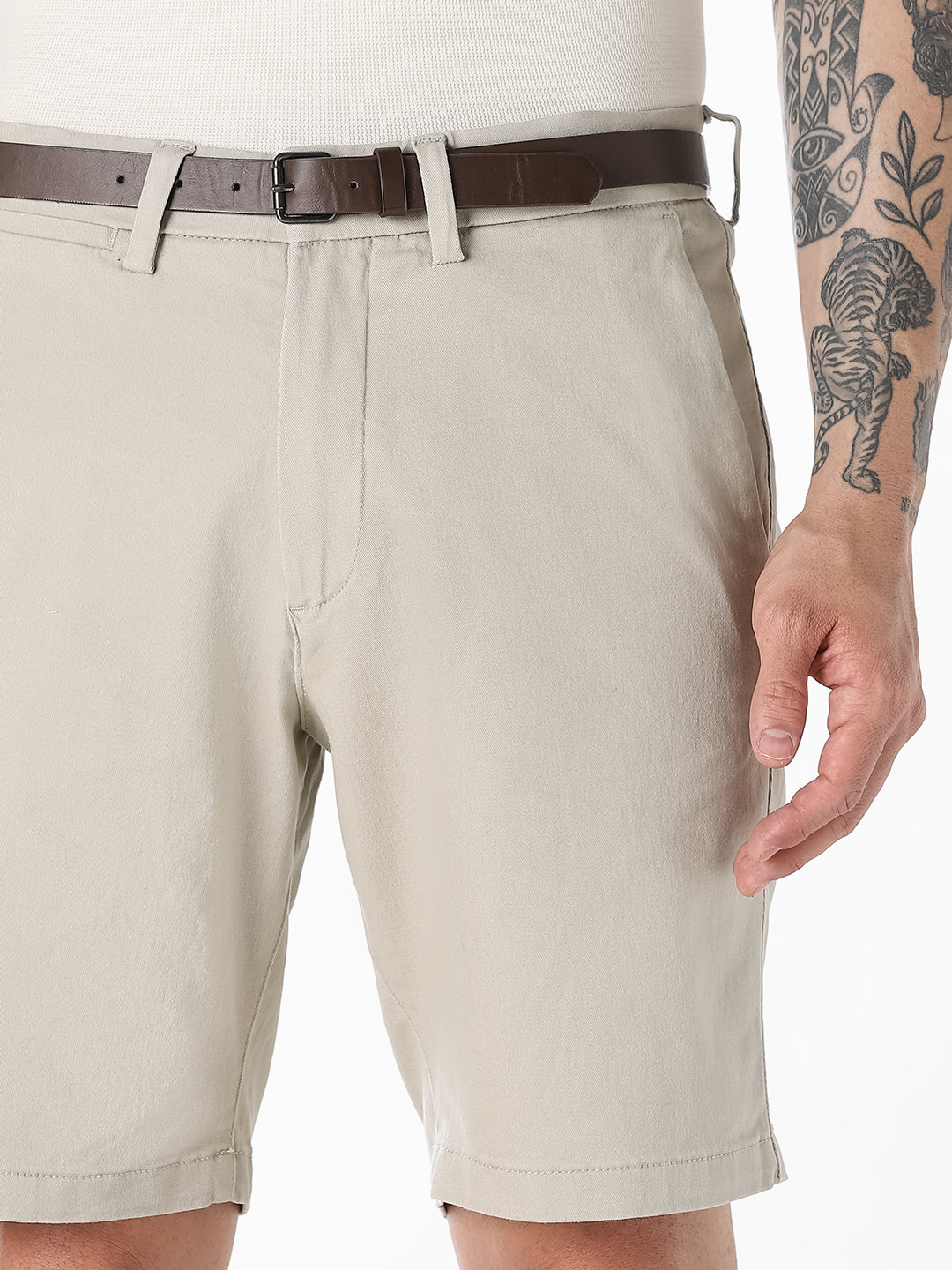 Beige Belted Chino Shorts