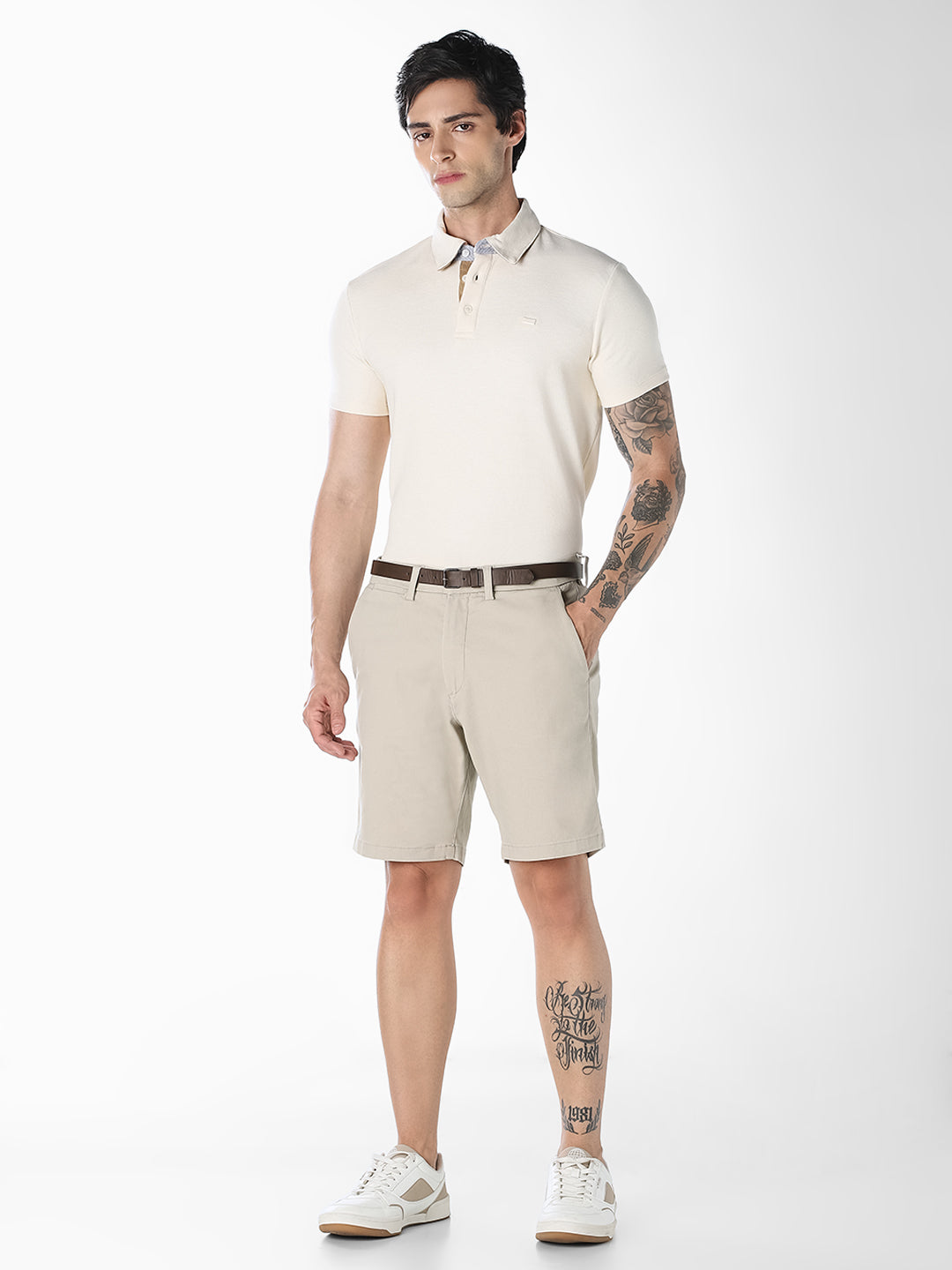 Beige Belted Chino Shorts