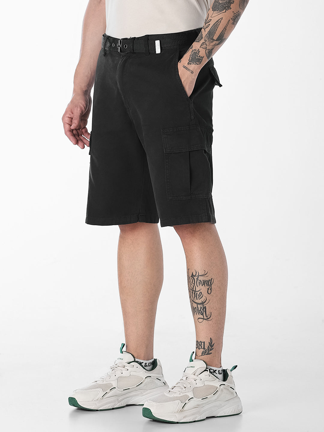 Black Belted Cotton Cargo Shorts
