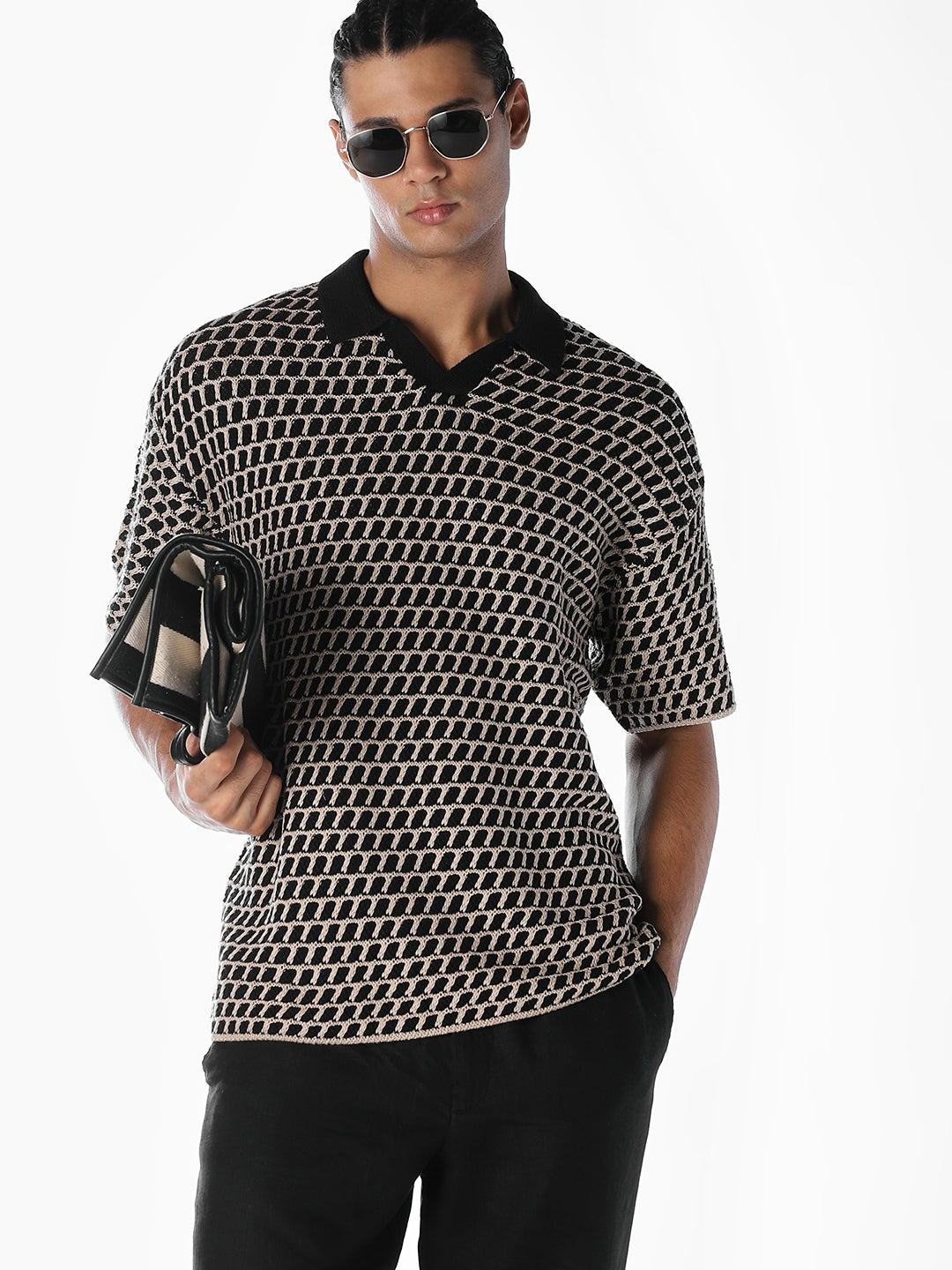 Jacquard Knitted Split Neck Polo