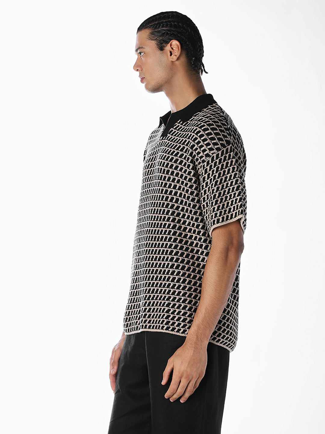 Jacquard Knitted Split Neck Polo