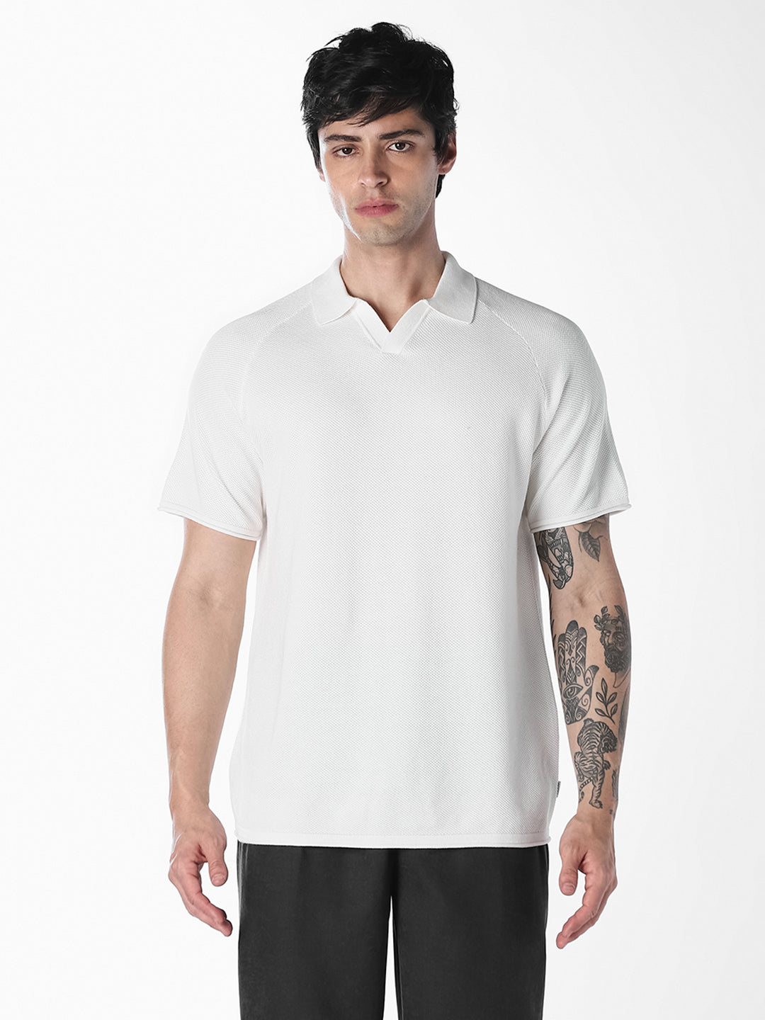 White Split Neck Knitted Polo