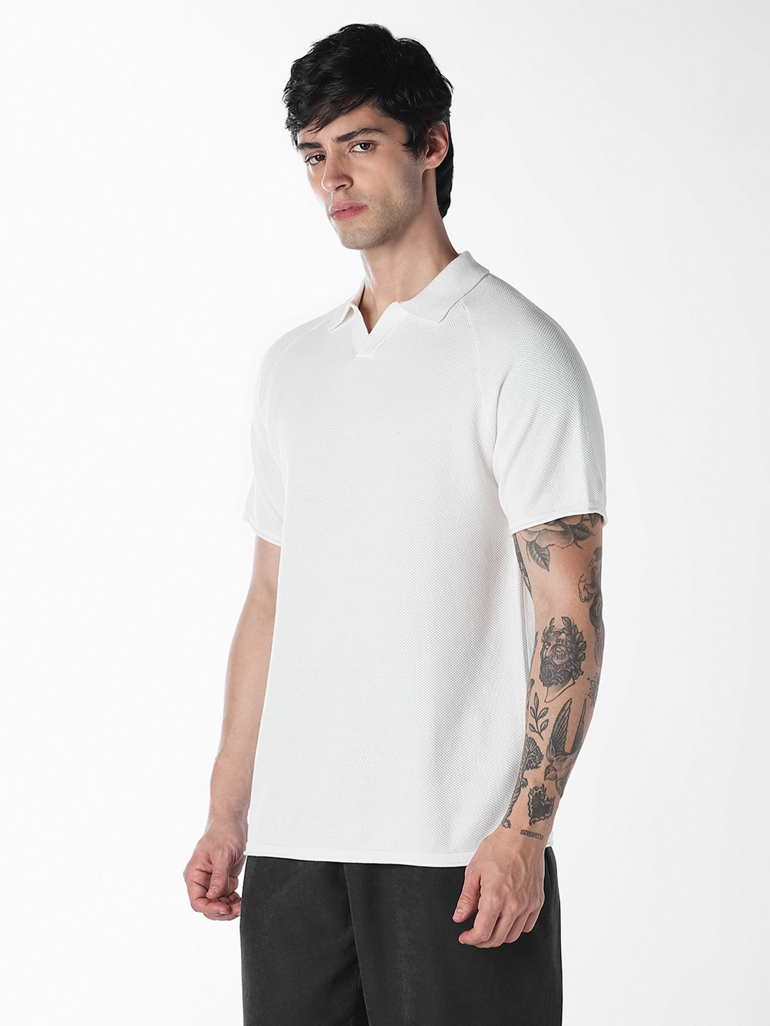 White Split Neck Knitted Polo