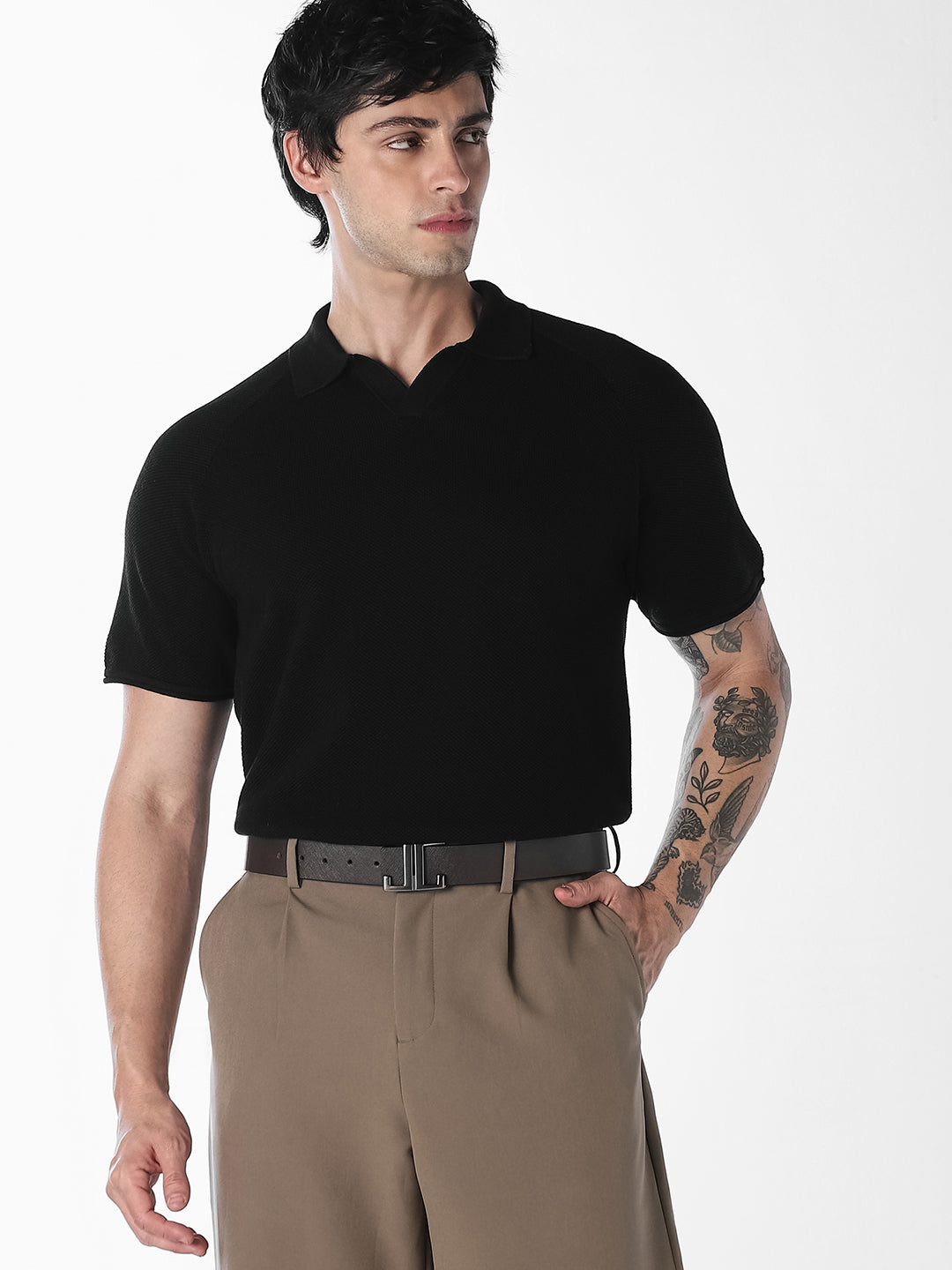 Black Split Neck Knitted Polo