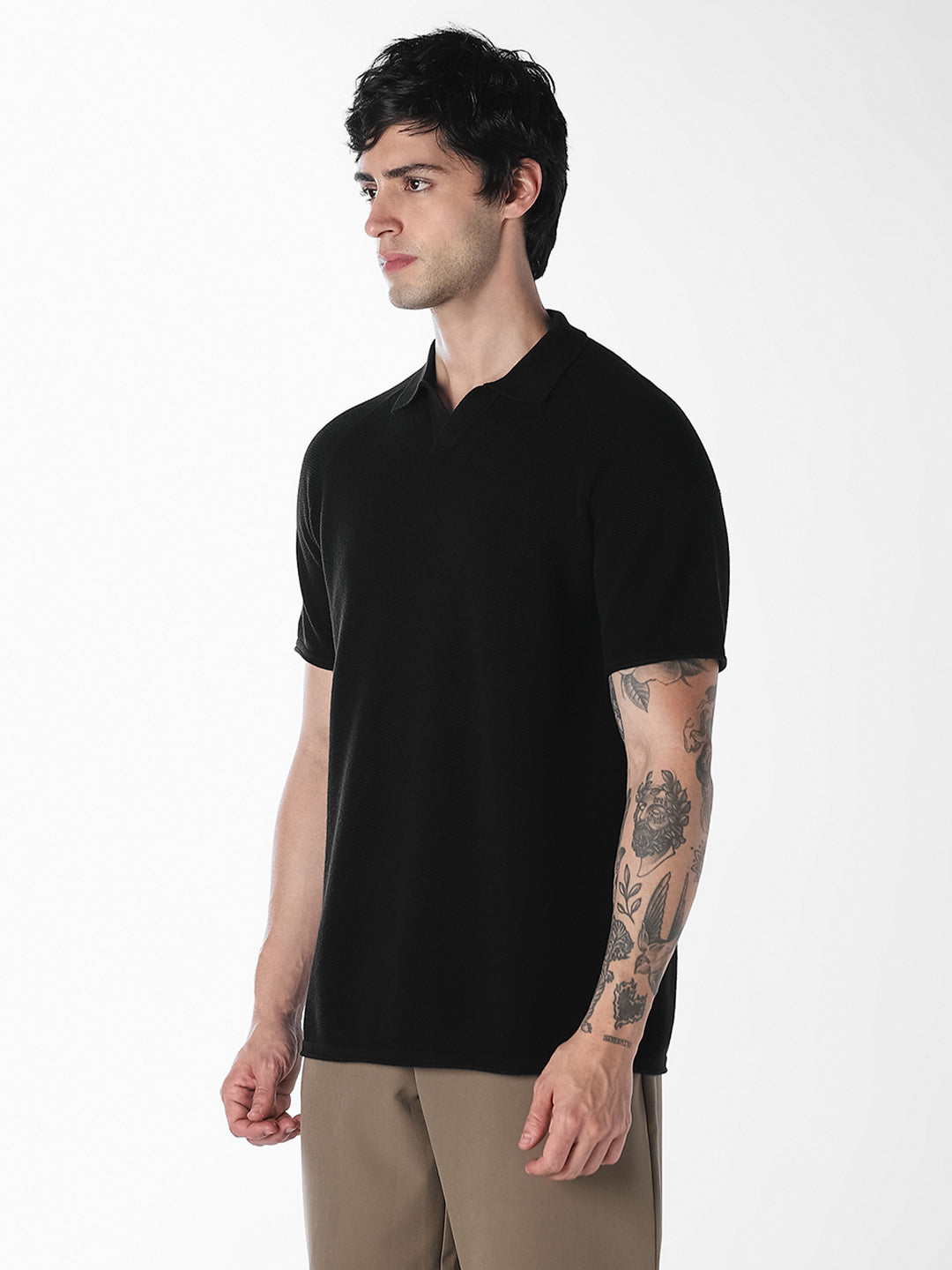 Black Split Neck Knitted Polo