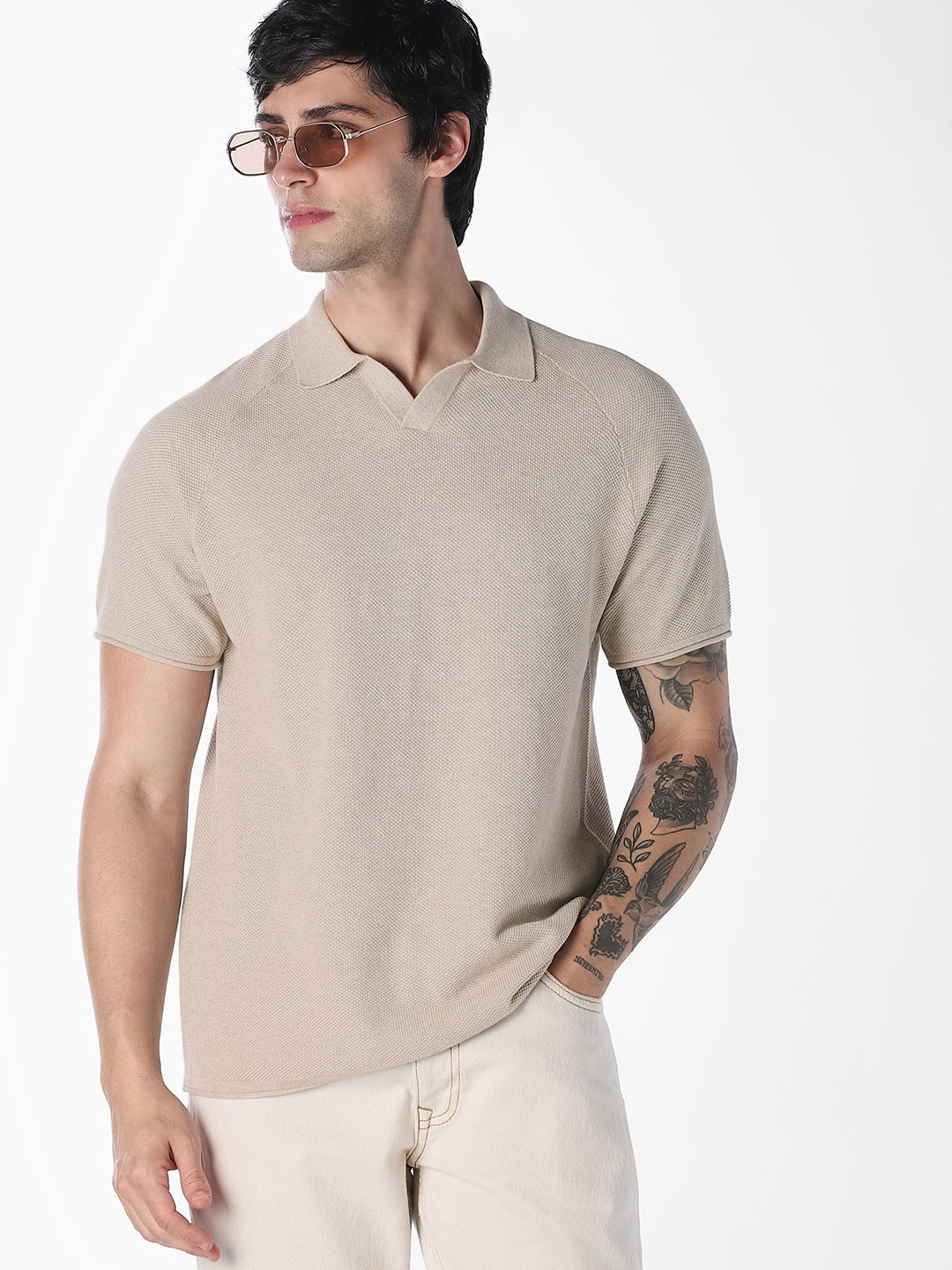Beige Split Neck Knitted Polo