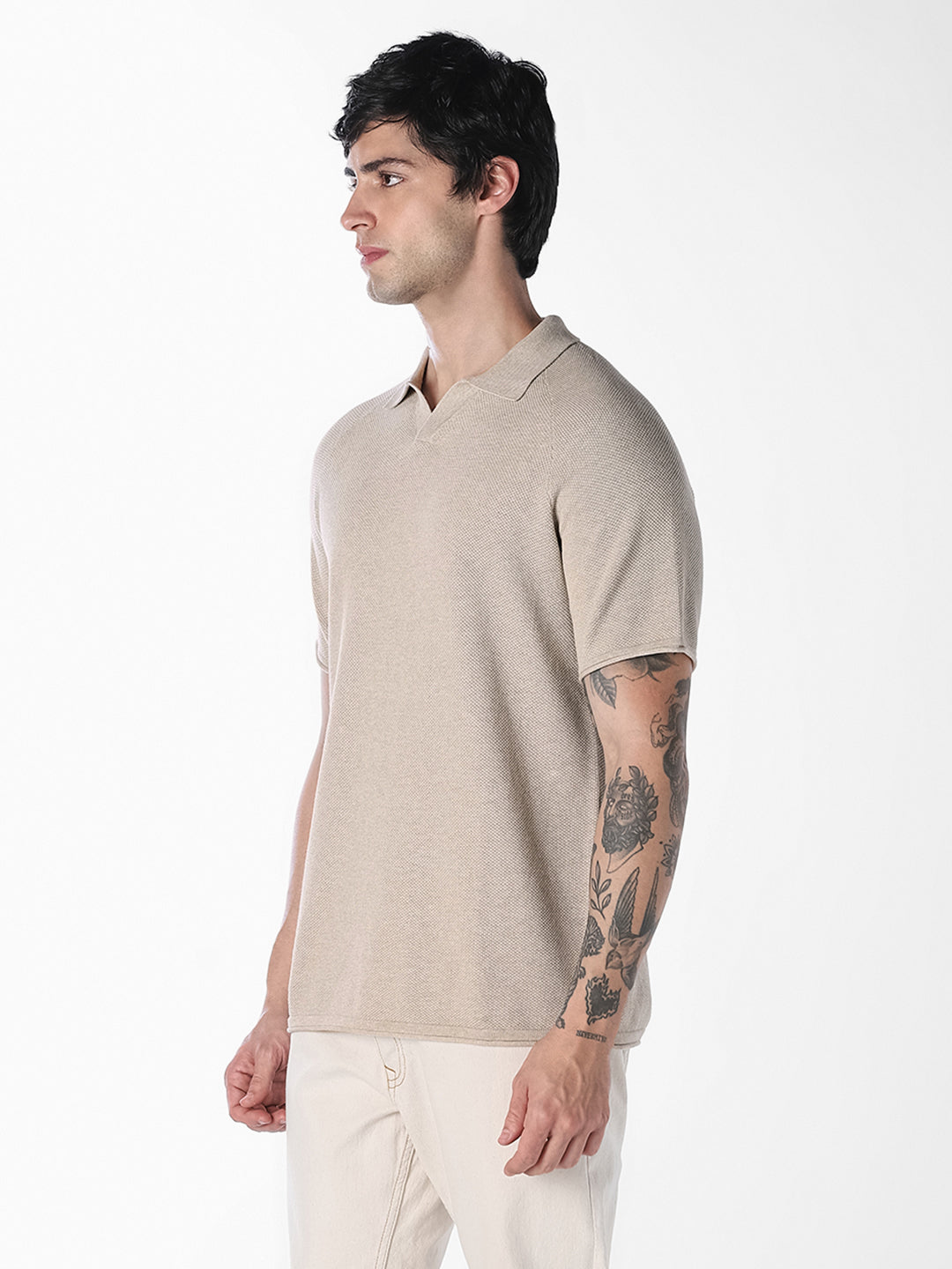 Beige Split Neck Knitted Polo
