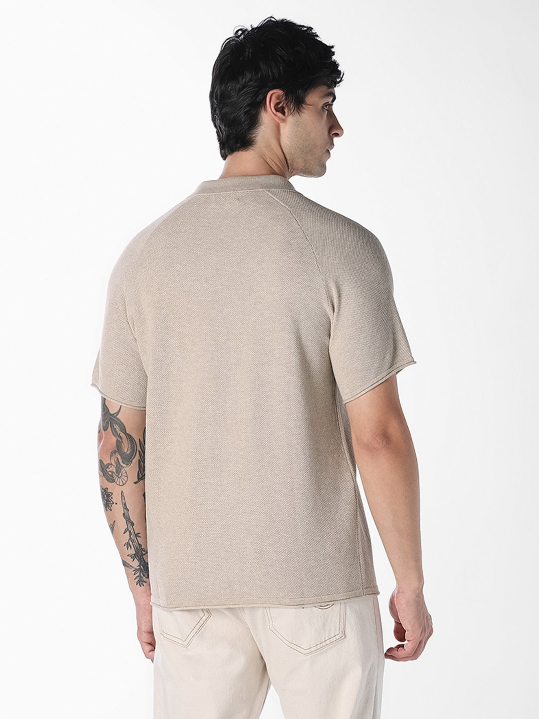 Beige Split Neck Knitted Polo