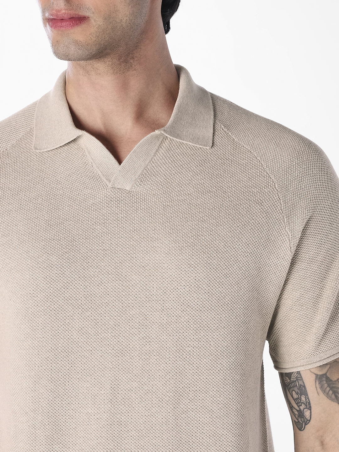 Beige Split Neck Knitted Polo