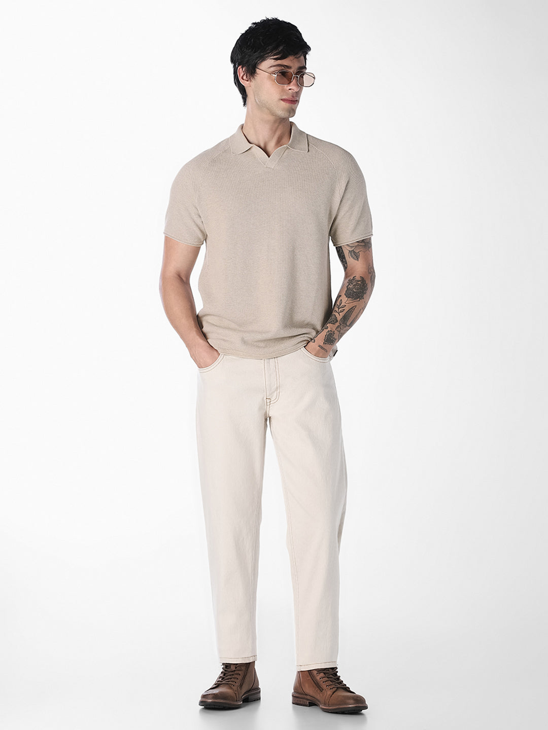 Beige Split Neck Knitted Polo