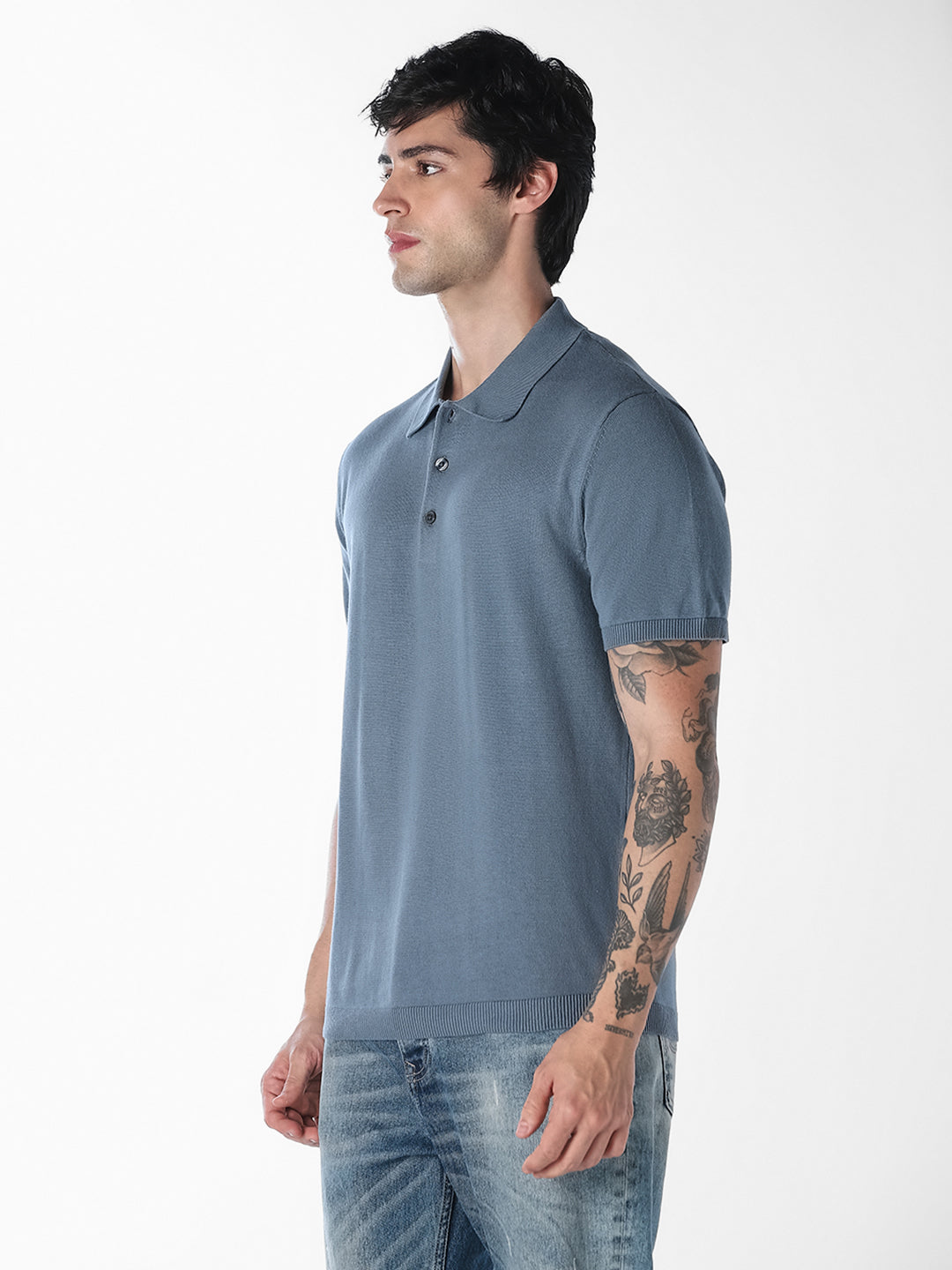 Blue Knitted Cotton Polo