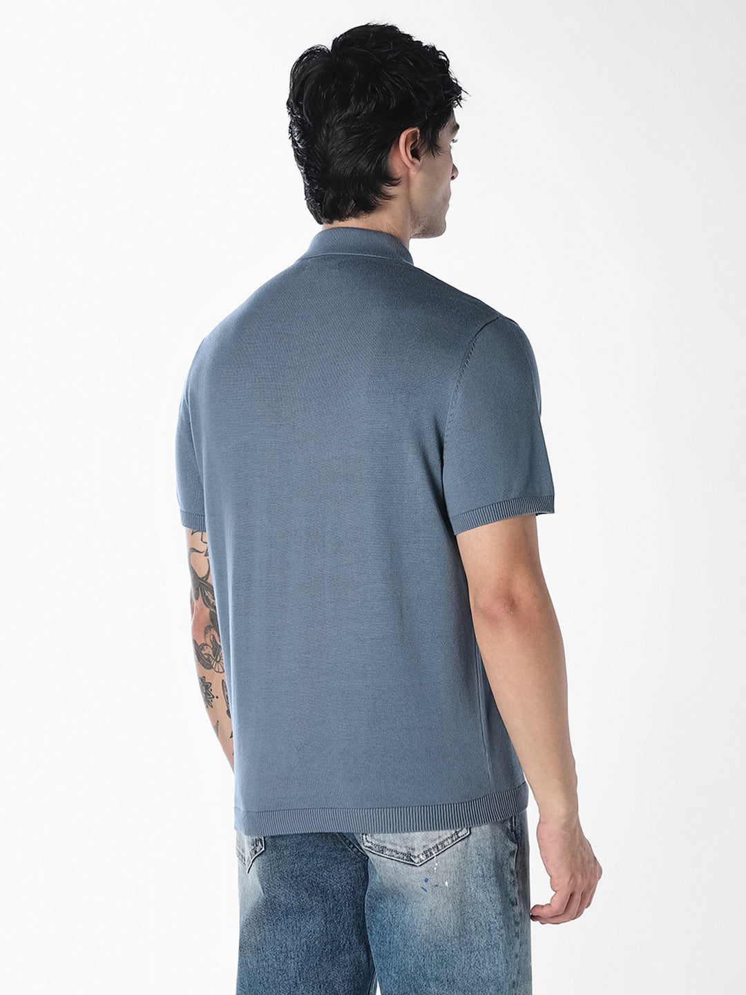 Blue Knitted Cotton Polo