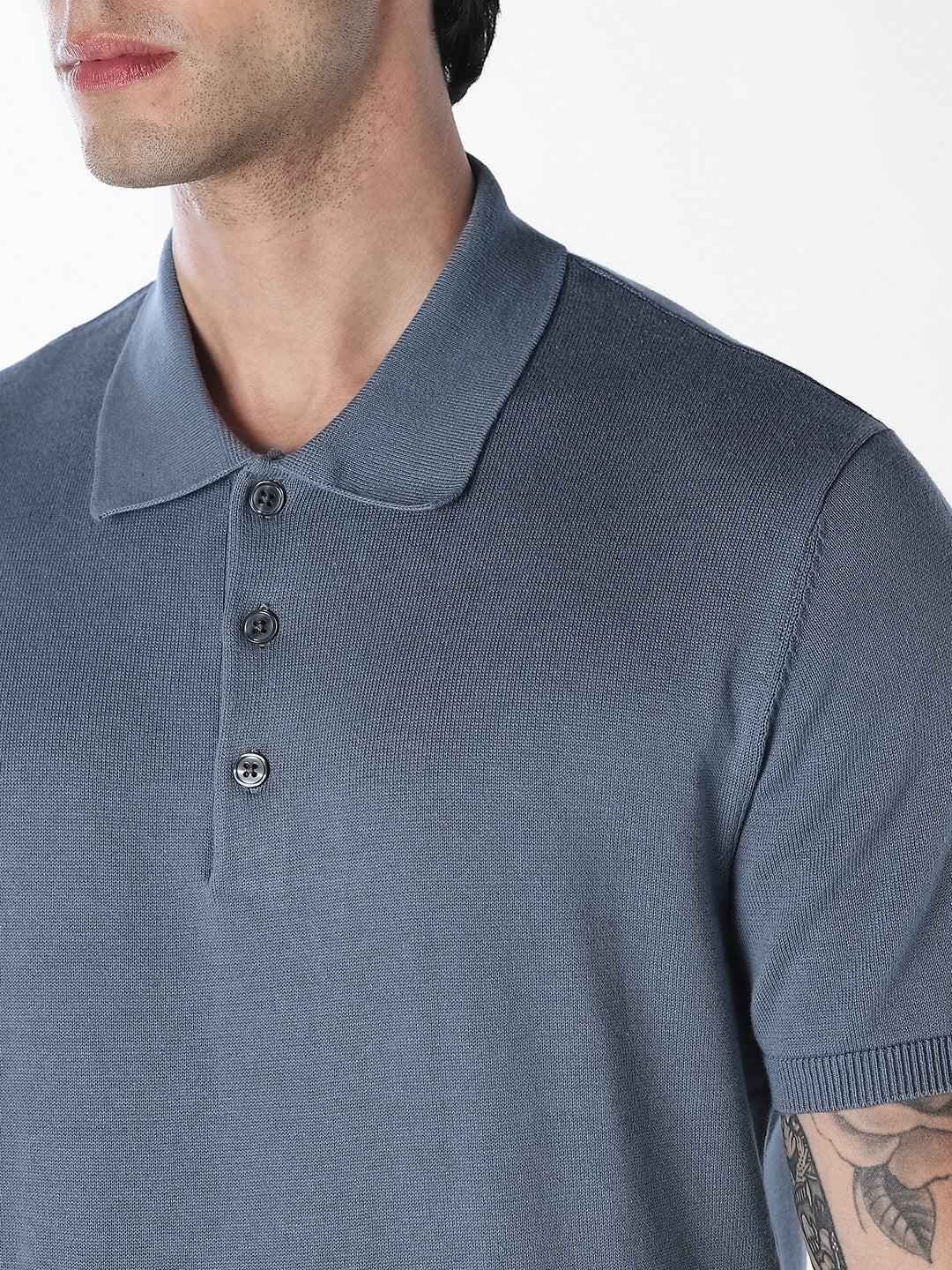 Blue Knitted Cotton Polo