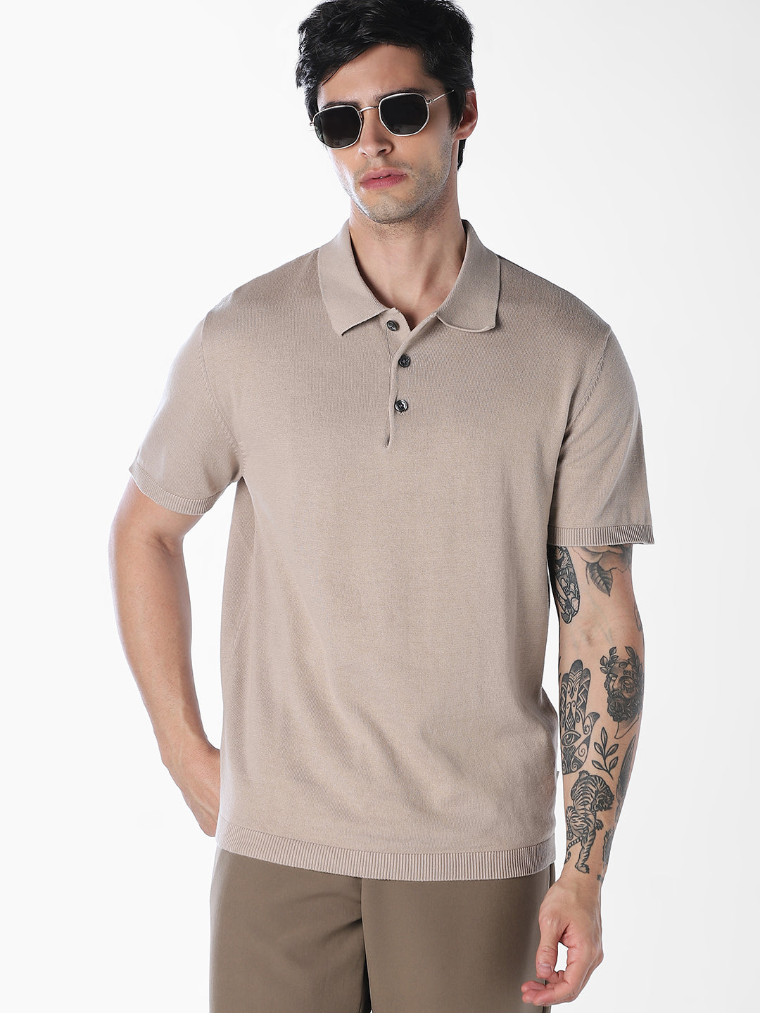 Beige Knitted Cotton Polo