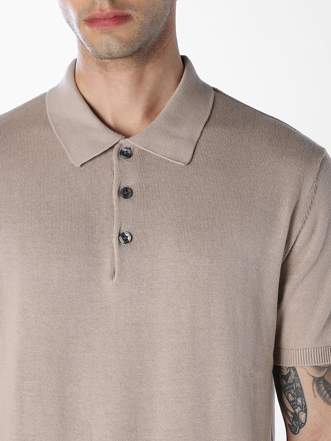 Beige Knitted Cotton Polo