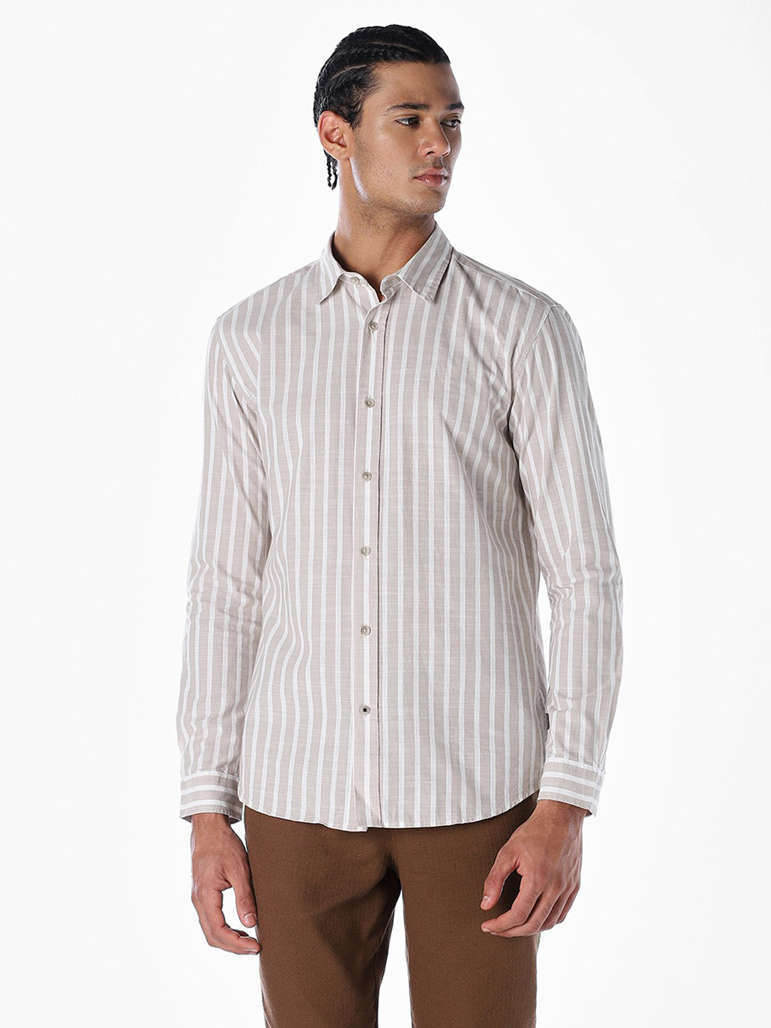 Striped Cotton Slub Shirt - Brown