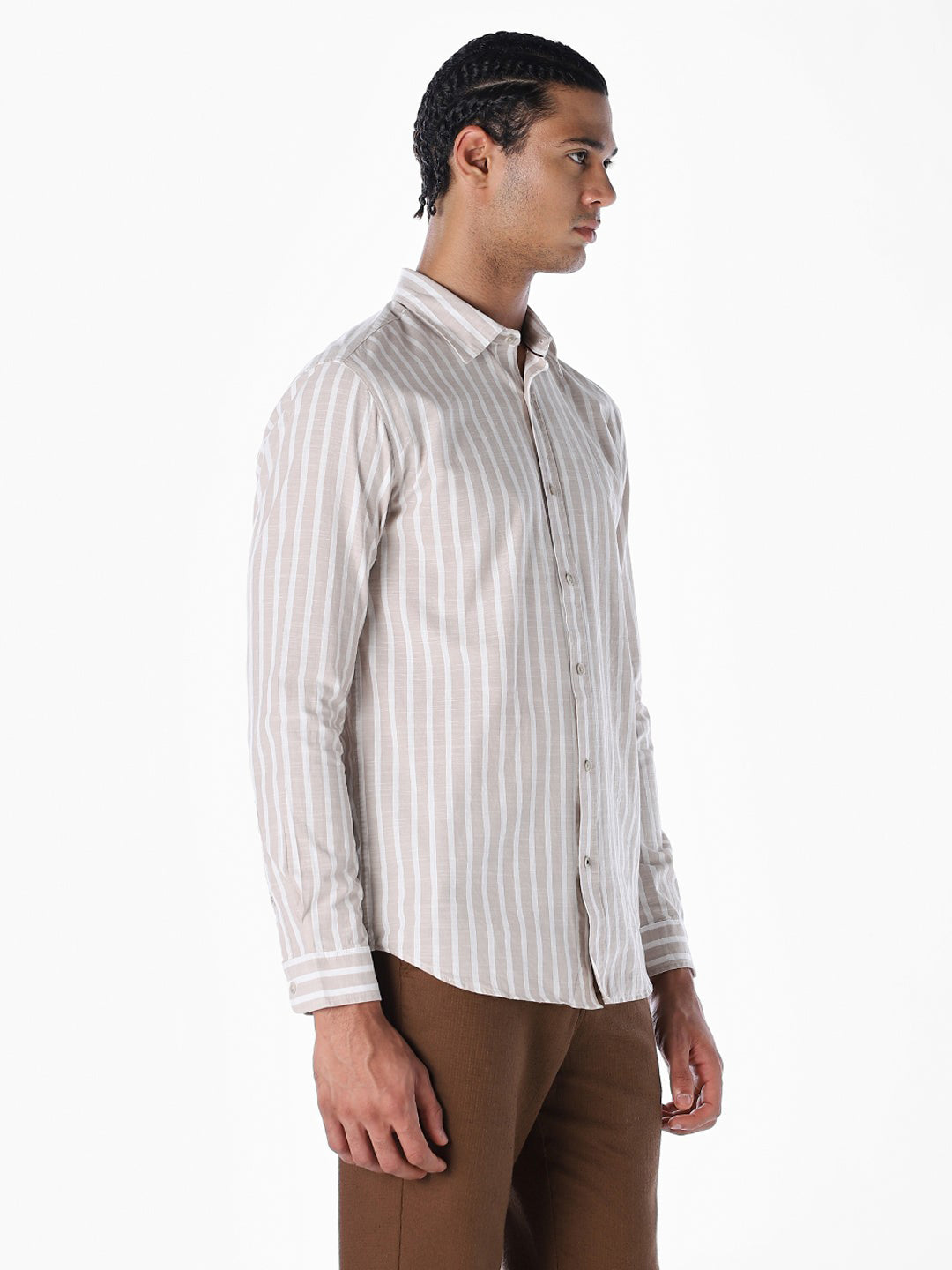 Striped Cotton Slub Shirt - Brown