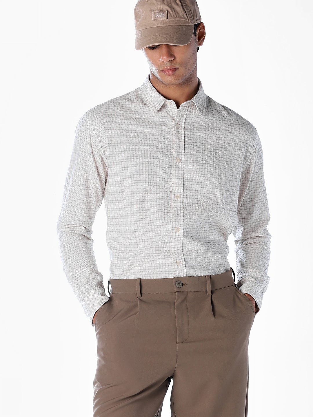 Light Brown Seersucker Check Shirt