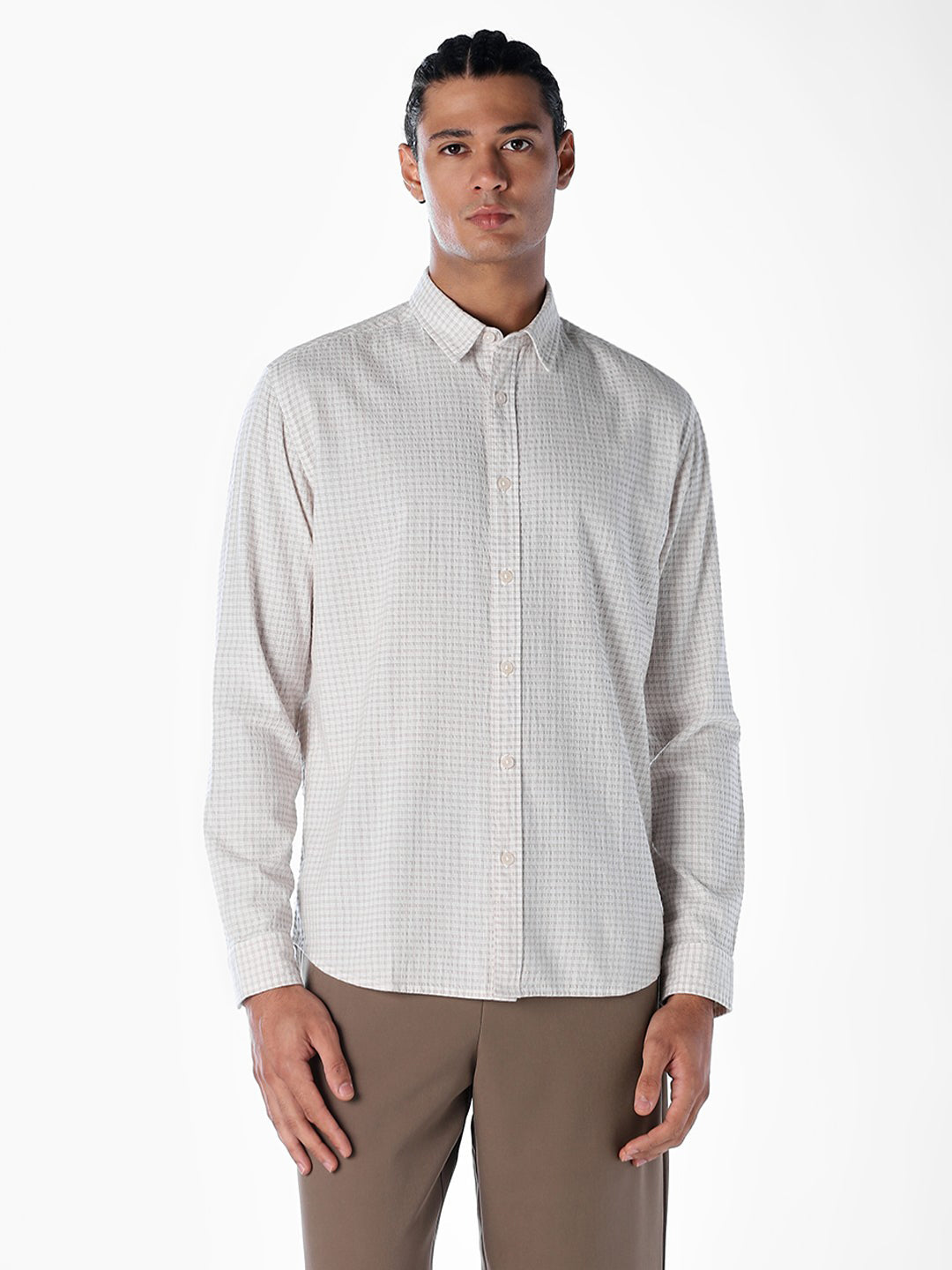 Light Brown Seersucker Check Shirt