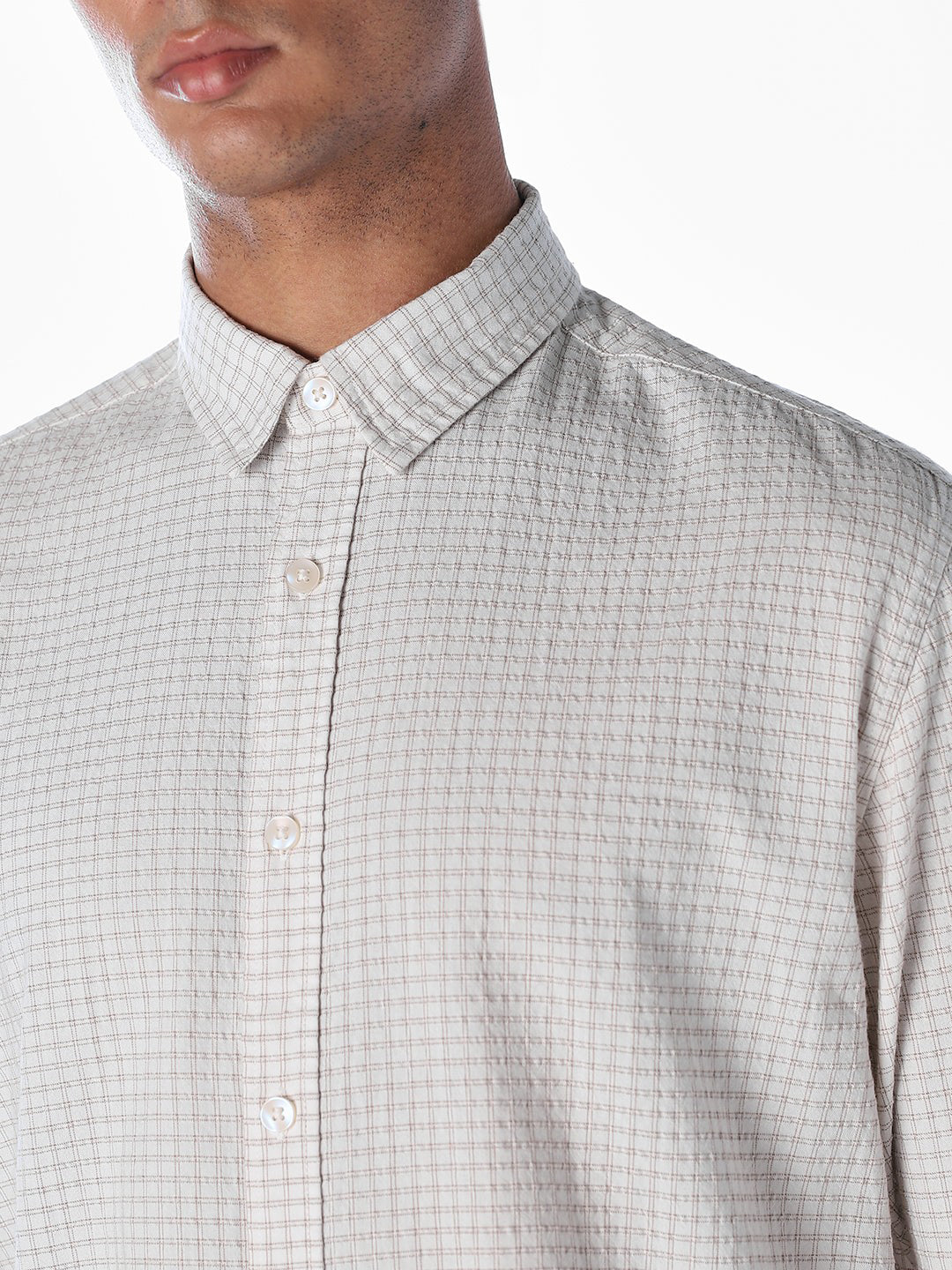 Light Brown Seersucker Check Shirt