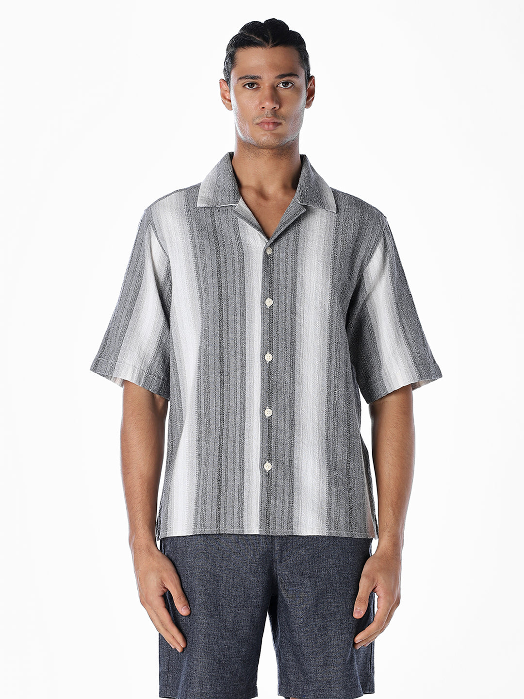 Striped Dobby Resort Collar Shirt - Black