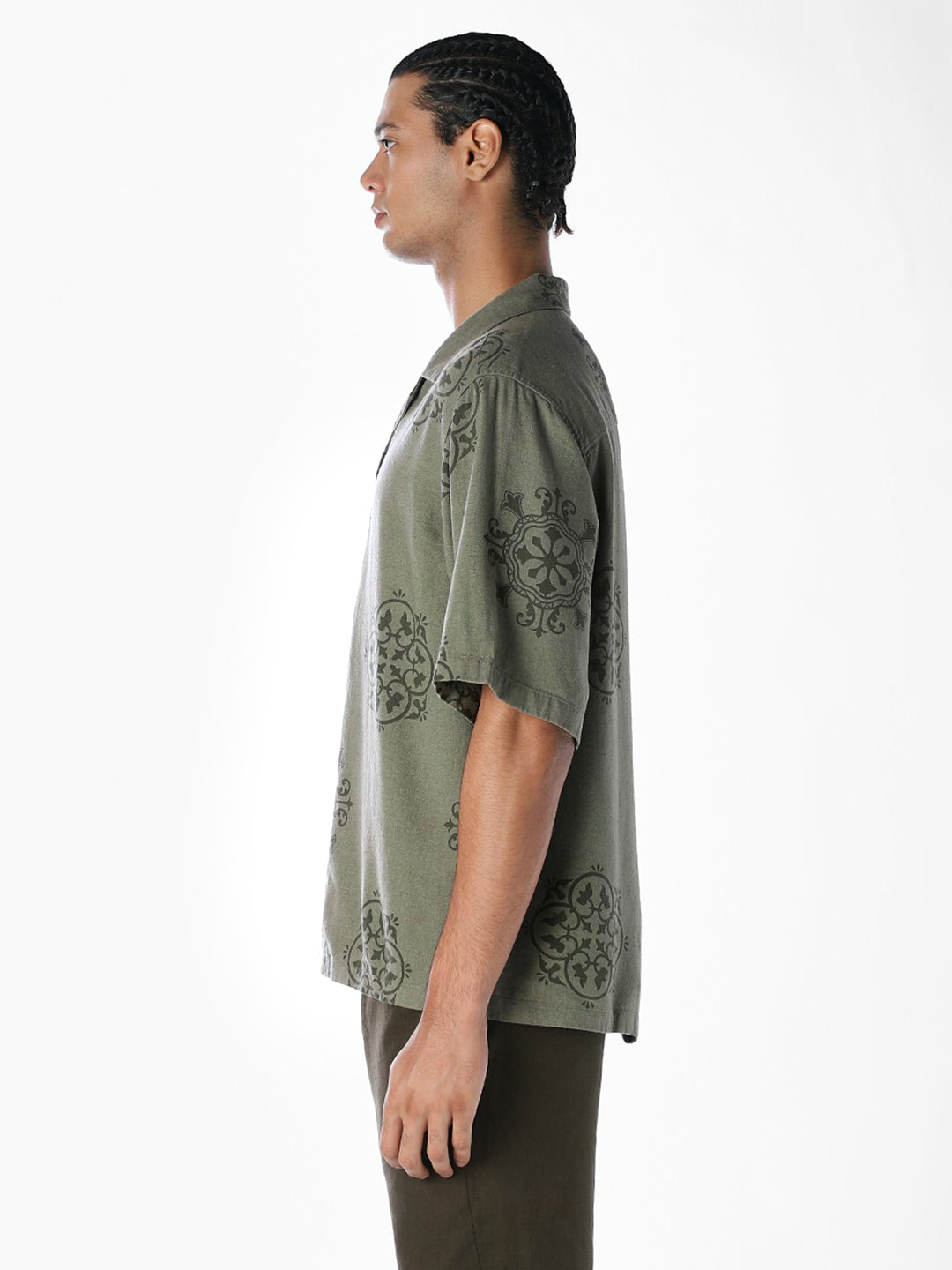 Linen Blend Printed Oversized Shirt - Green