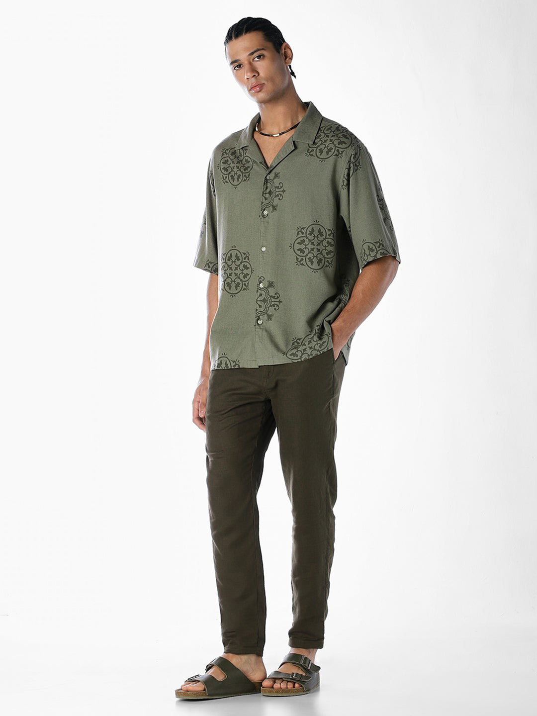 Linen Blend Printed Oversized Shirt - Green