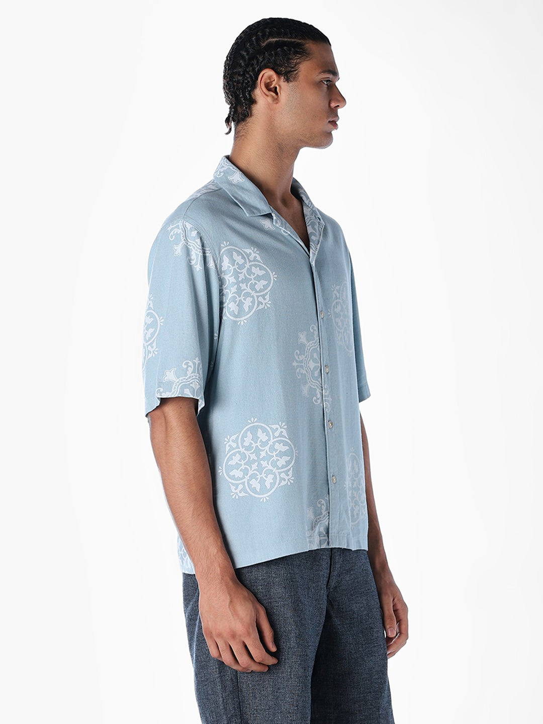 Linen Blend Printed Oversized Shirt - Blue