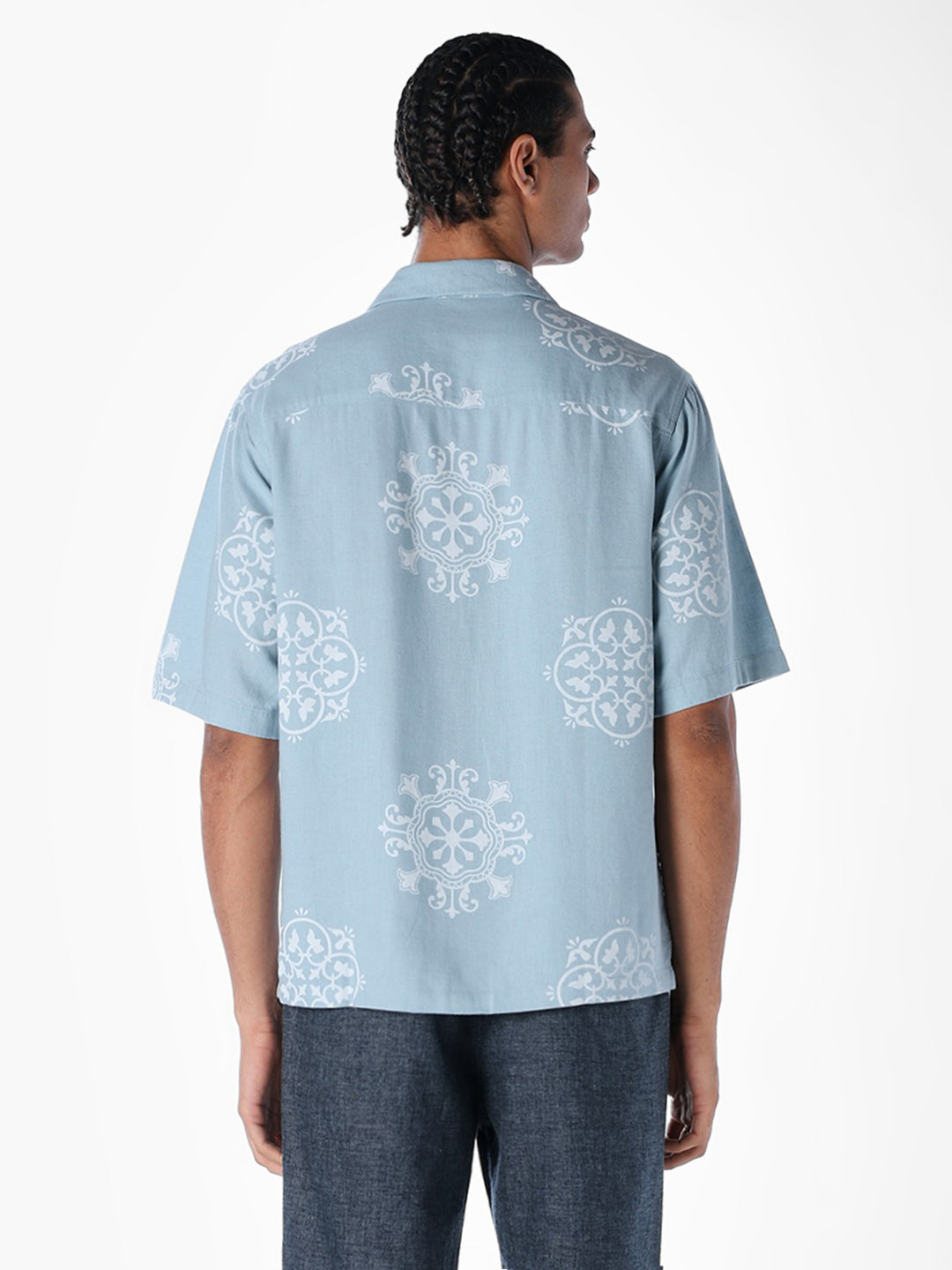 Linen Blend Printed Oversized Shirt - Blue
