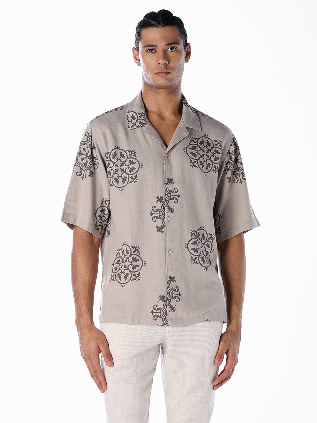 Linen Blend Printed Oversized Shirt - Light Brown
