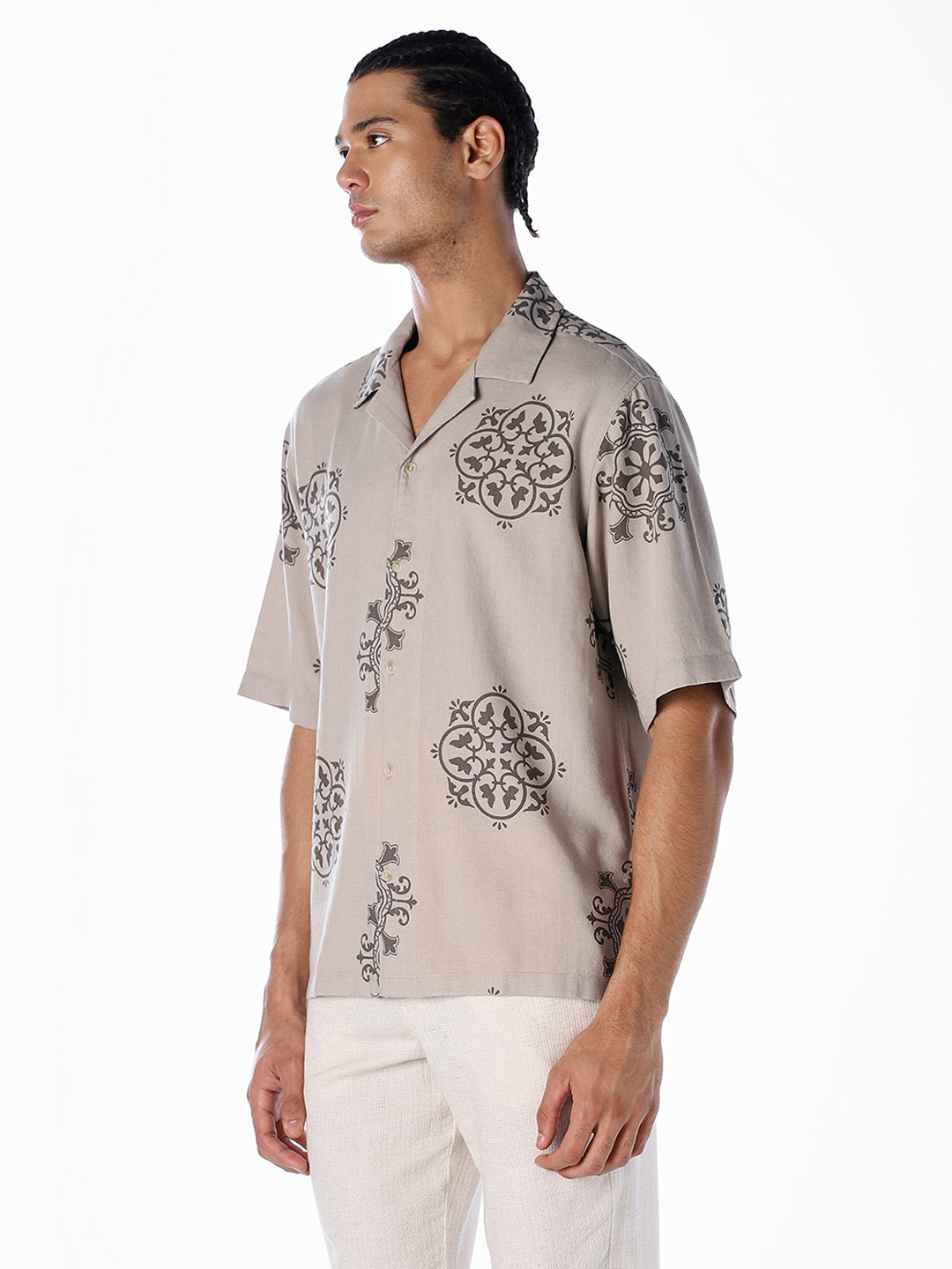 Linen Blend Printed Oversized Shirt - Light Brown